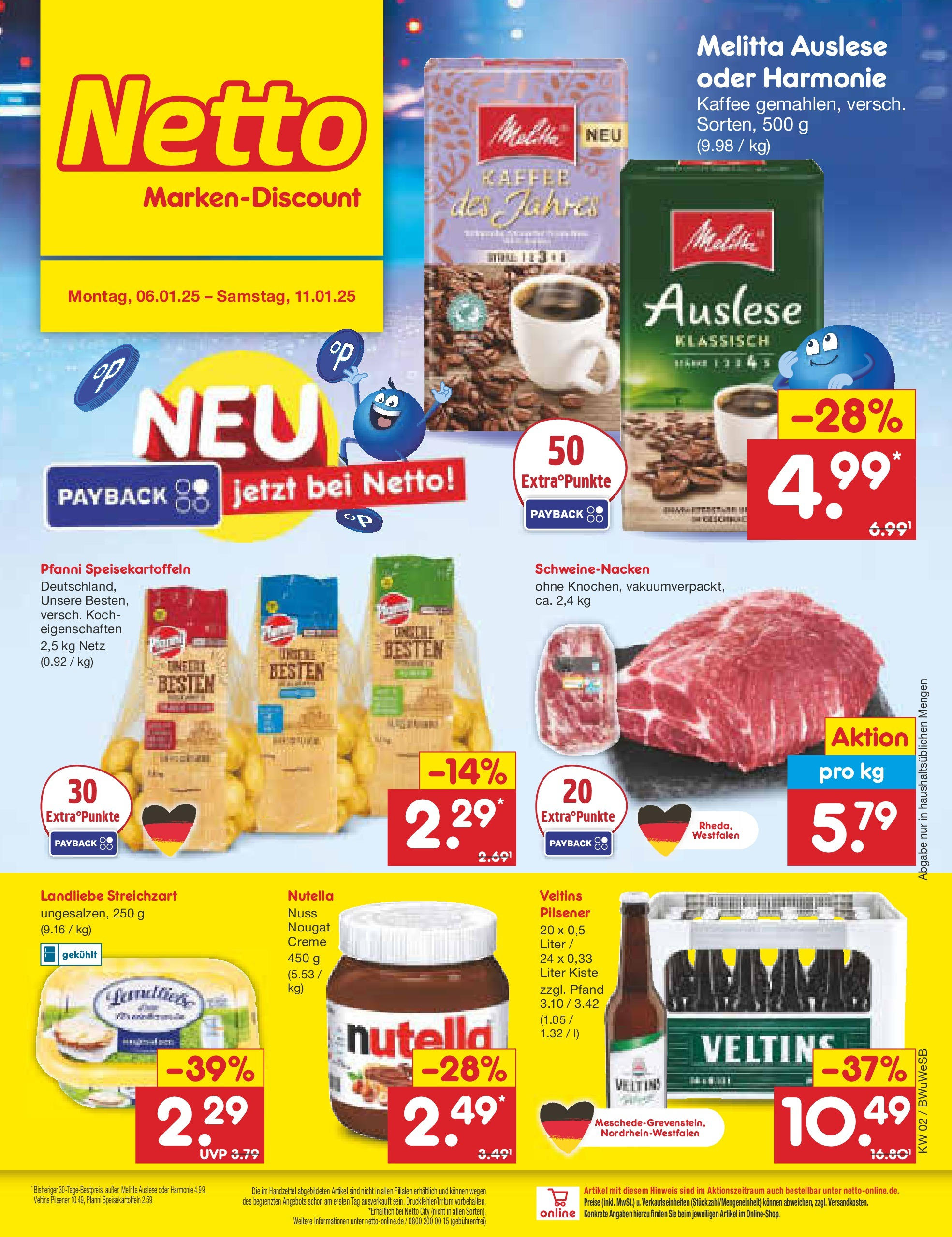 Netto Marken-Discount - Netto: Getränkeangebote (ab 06.01.2025) » Angebote | Seite: 1 | Produkte: Melitta, Kaffee, Schweinenacken, Veltins