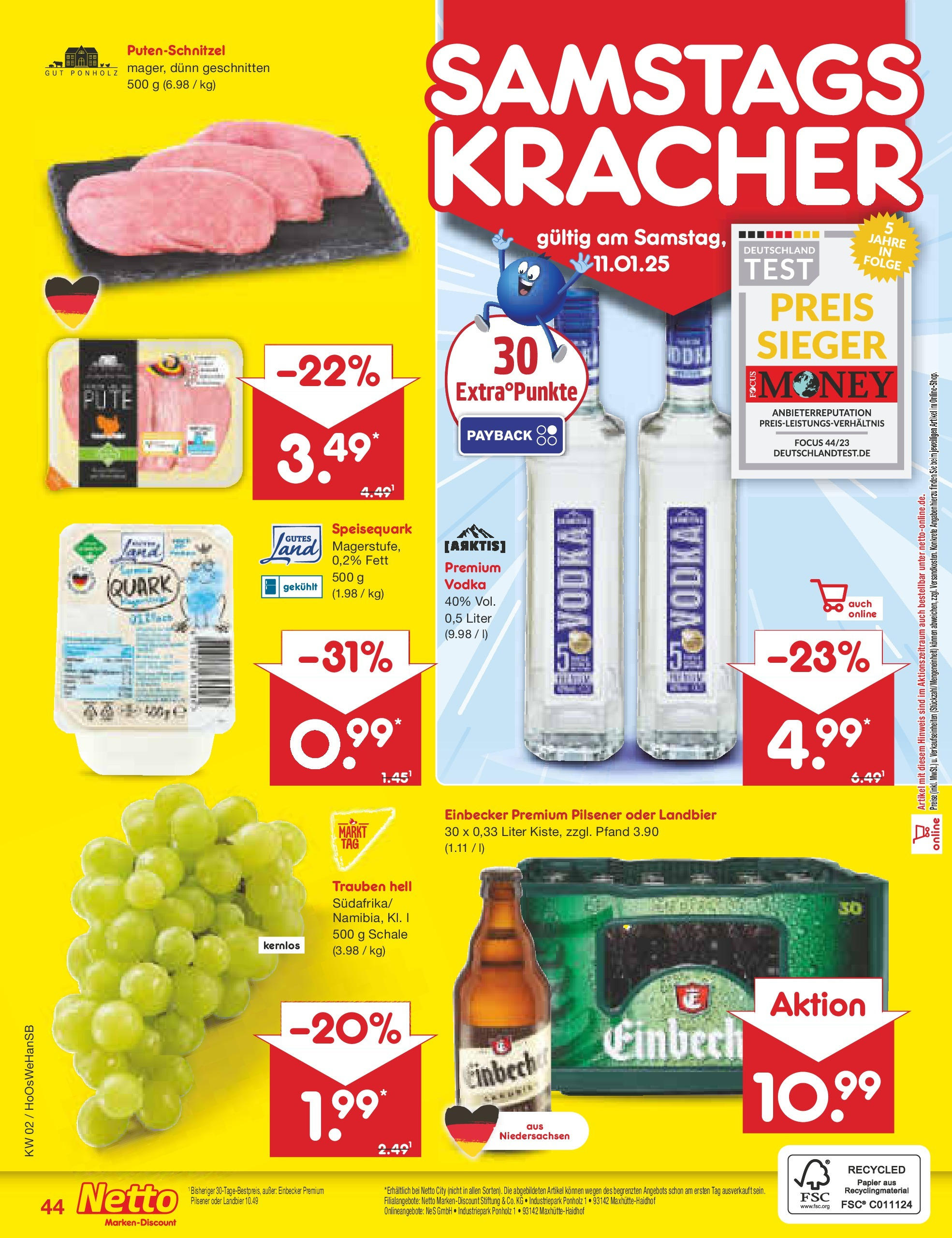 Netto Marken-Discount - Netto: Getränkeangebote (ab 06.01.2025) » Angebote | Seite: 60 | Produkte: Trauben, Putenschnitzel, Vodka, Speisequark