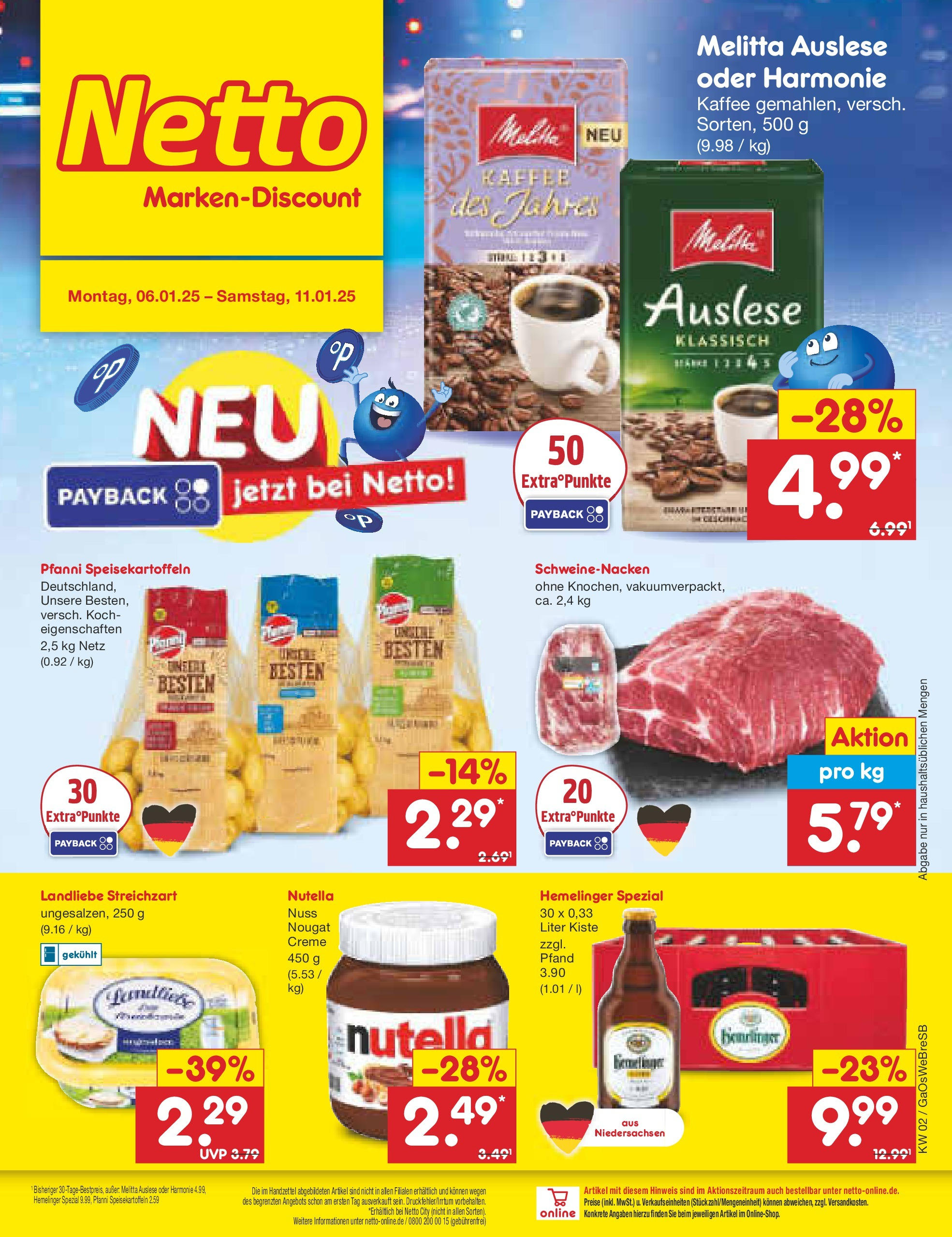 Netto Marken-Discount - Netto: Getränkeangebote (ab 06.01.2025) » Angebote | Seite: 1 | Produkte: Kaffee, Schweinenacken, Creme, Nutella