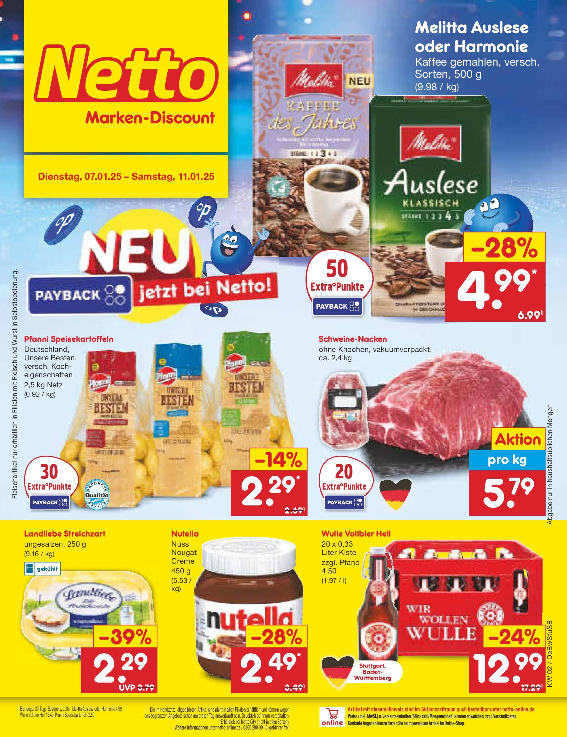 Netto Marken-Discount - Netto: Getränkeangebote (ab 06.01.2025) » Angebote | Seite: 1 | Produkte: Kaffee, Schweinenacken, Nutella, Fleisch