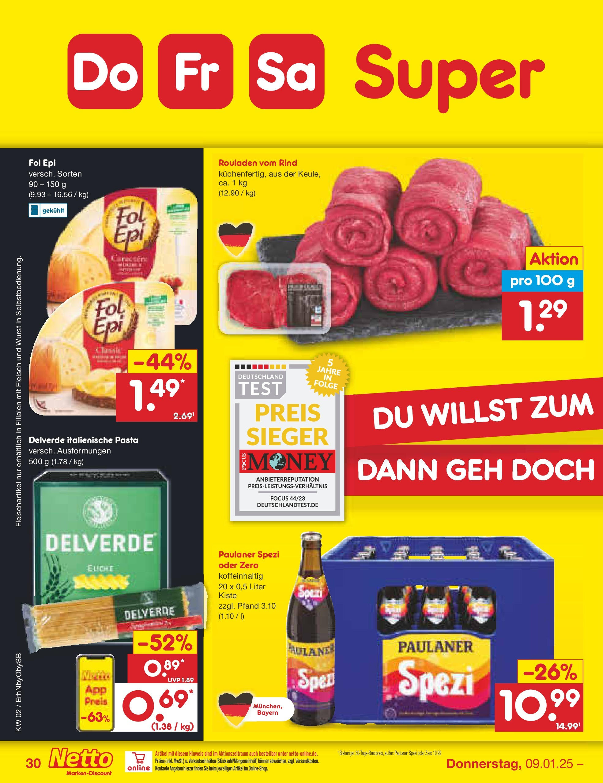 Netto Marken-Discount - Netto: Getränkeangebote (ab 06.01.2025) » Angebote | Seite: 44 | Produkte: Paulaner spezi, Wurst, Pasta, Paulaner