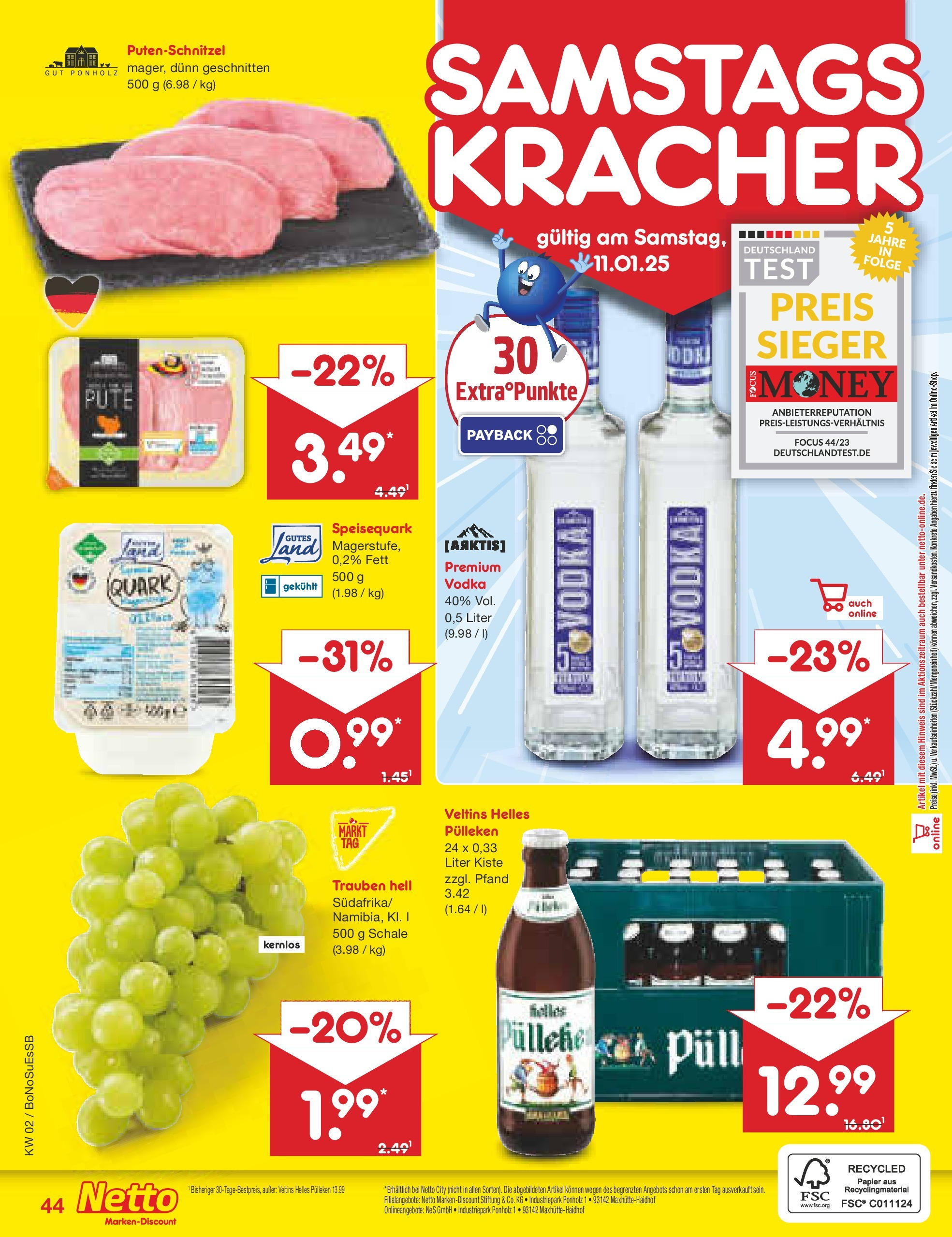 Netto Marken-Discount - Netto: Getränkeangebote (ab 06.01.2025) » Angebote | Seite: 60 | Produkte: Quark, Putenschnitzel, Vodka, Speisequark