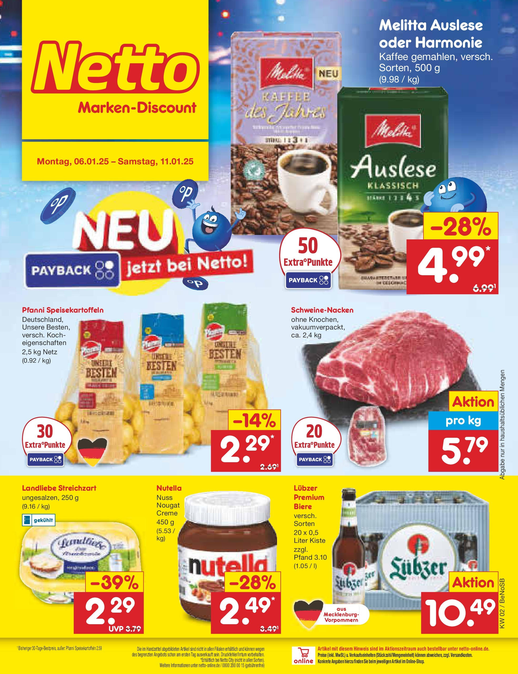 Netto Marken-Discount - Netto: Getränkeangebote (ab 06.01.2025) » Angebote | Seite: 1 | Produkte: Melitta, Schweinenacken, Creme, Nutella