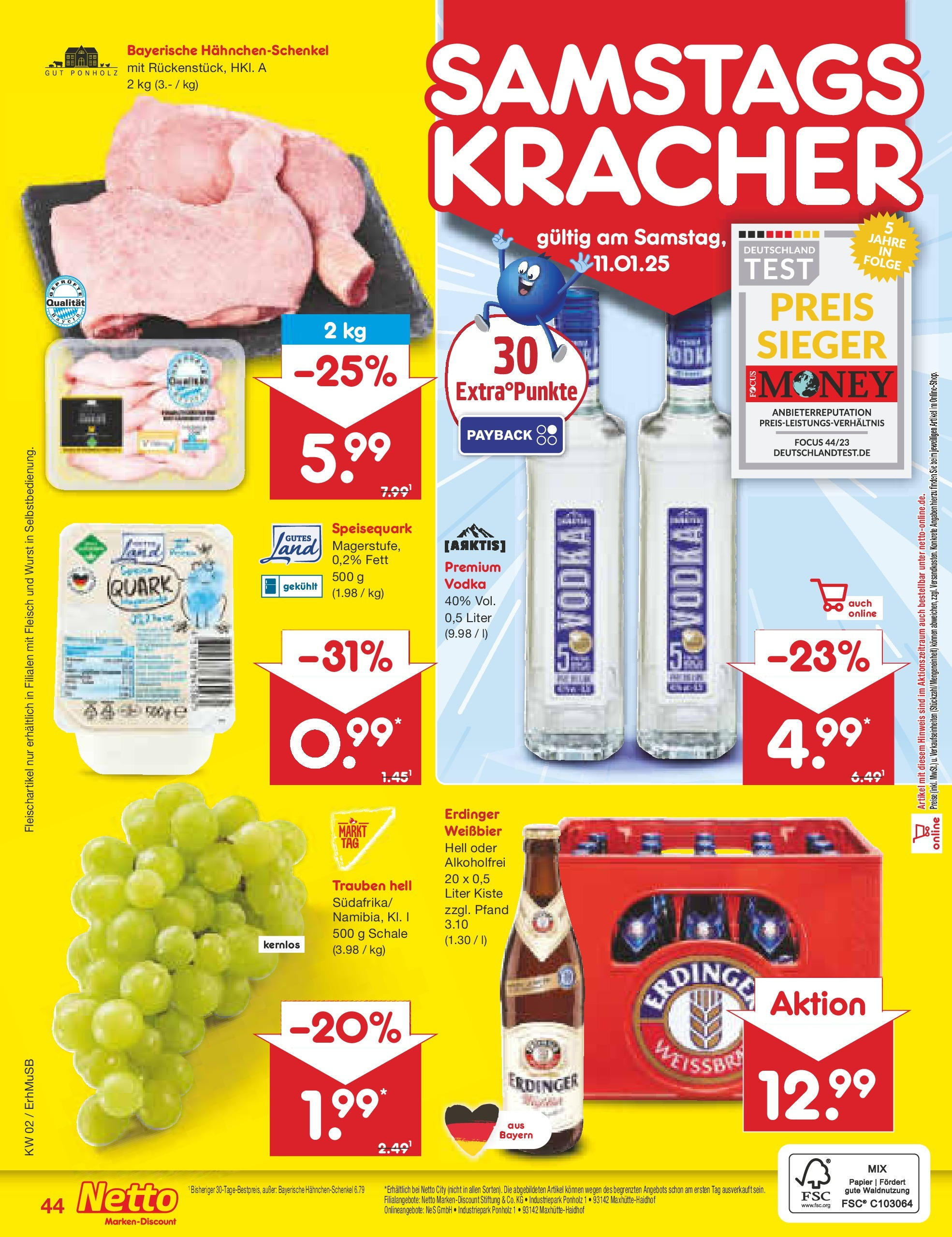 Netto Marken-Discount - Netto: Getränkeangebote (ab 06.01.2025) » Angebote | Seite: 60 | Produkte: Hahnchenschenkel, Trauben, Vodka, Speisequark