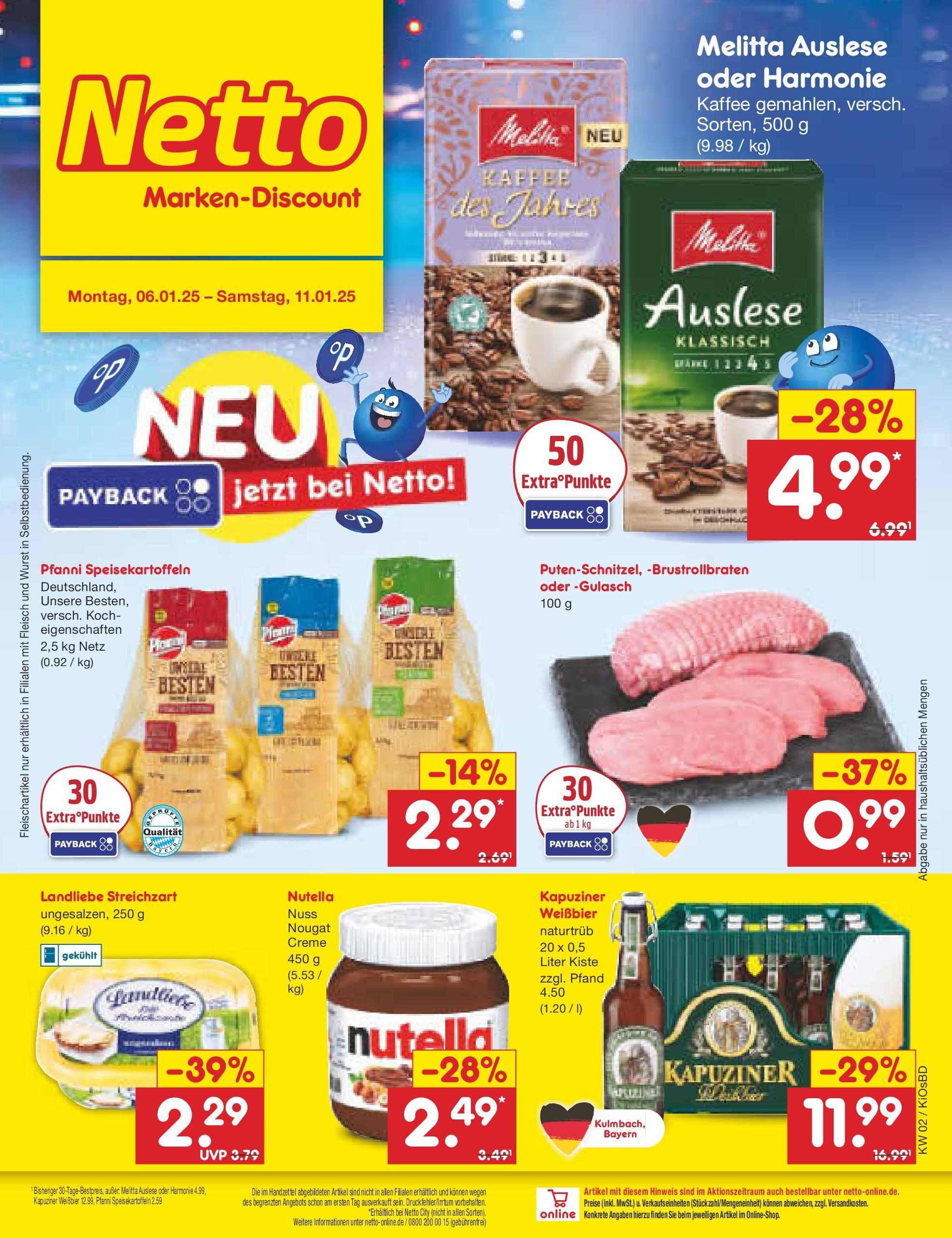 Netto Marken-Discount - Netto: Getränkeangebote (ab 06.01.2025) » Angebote | Seite: 1 | Produkte: Kaffee, Weißbier, Creme, Wurst