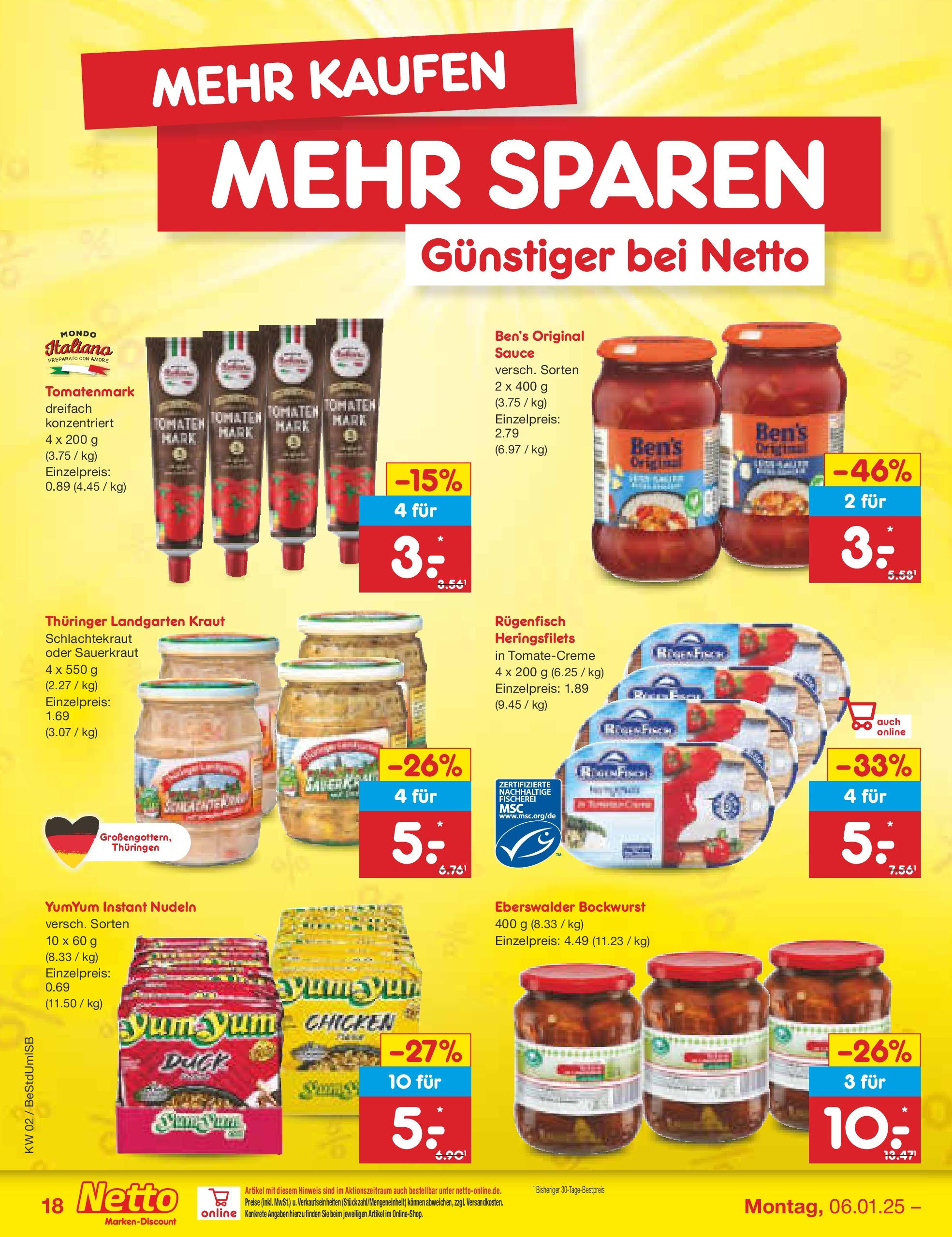 Netto Marken-Discount - Berlin, Corinthstraße 32 (ab 06.01.2025) » Angebote | Seite: 26 | Produkte: Bockwurst, Tomaten, Kraut, Nudeln