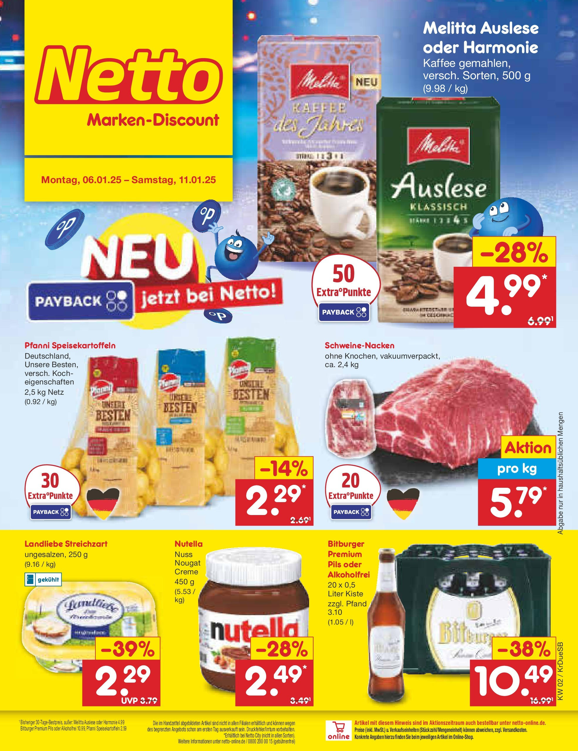 Netto Marken-Discount - Netto: Getränkeangebote (ab 06.01.2025) » Angebote | Seite: 1 | Produkte: Melitta, Kaffee, Schweinenacken, Nutella