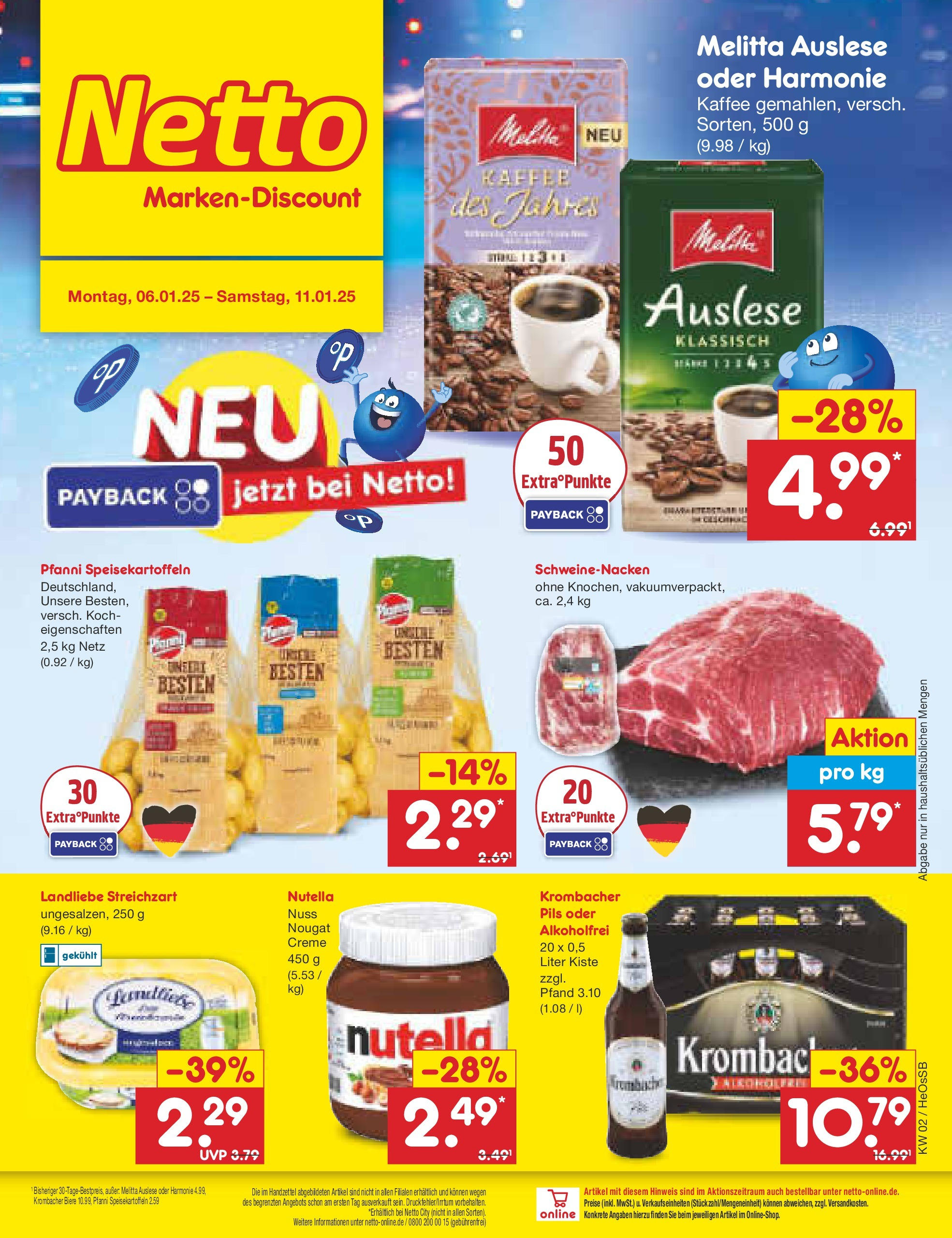 Netto Marken-Discount - Netto: Getränkeangebote (ab 06.01.2025) » Angebote | Seite: 1 | Produkte: Melitta, Schweinenacken, Creme, Krombacher