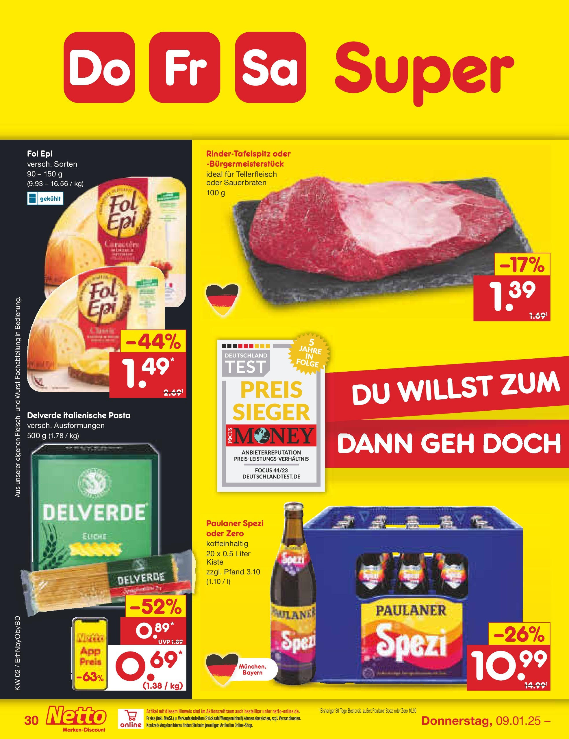 Netto Marken-Discount - Netto: Getränkeangebote (ab 06.01.2025) » Angebote | Seite: 44 | Produkte: Paulaner spezi, Pasta, Fleisch, Paulaner