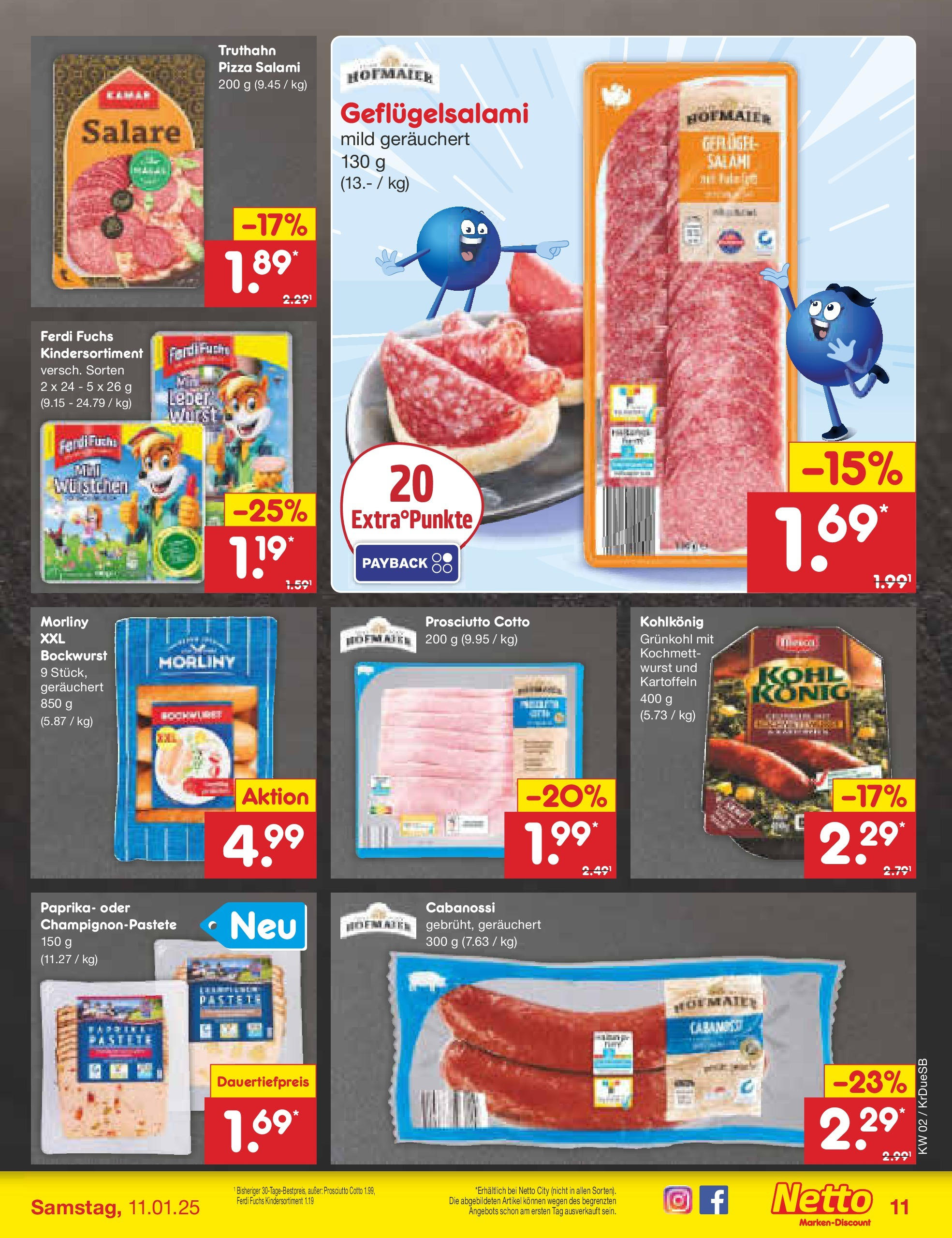 Netto Marken-Discount - Netto: Getränkeangebote (ab 06.01.2025) » Angebote | Seite: 11 | Produkte: Bockwurst, Kartoffeln, Salami, Pizza