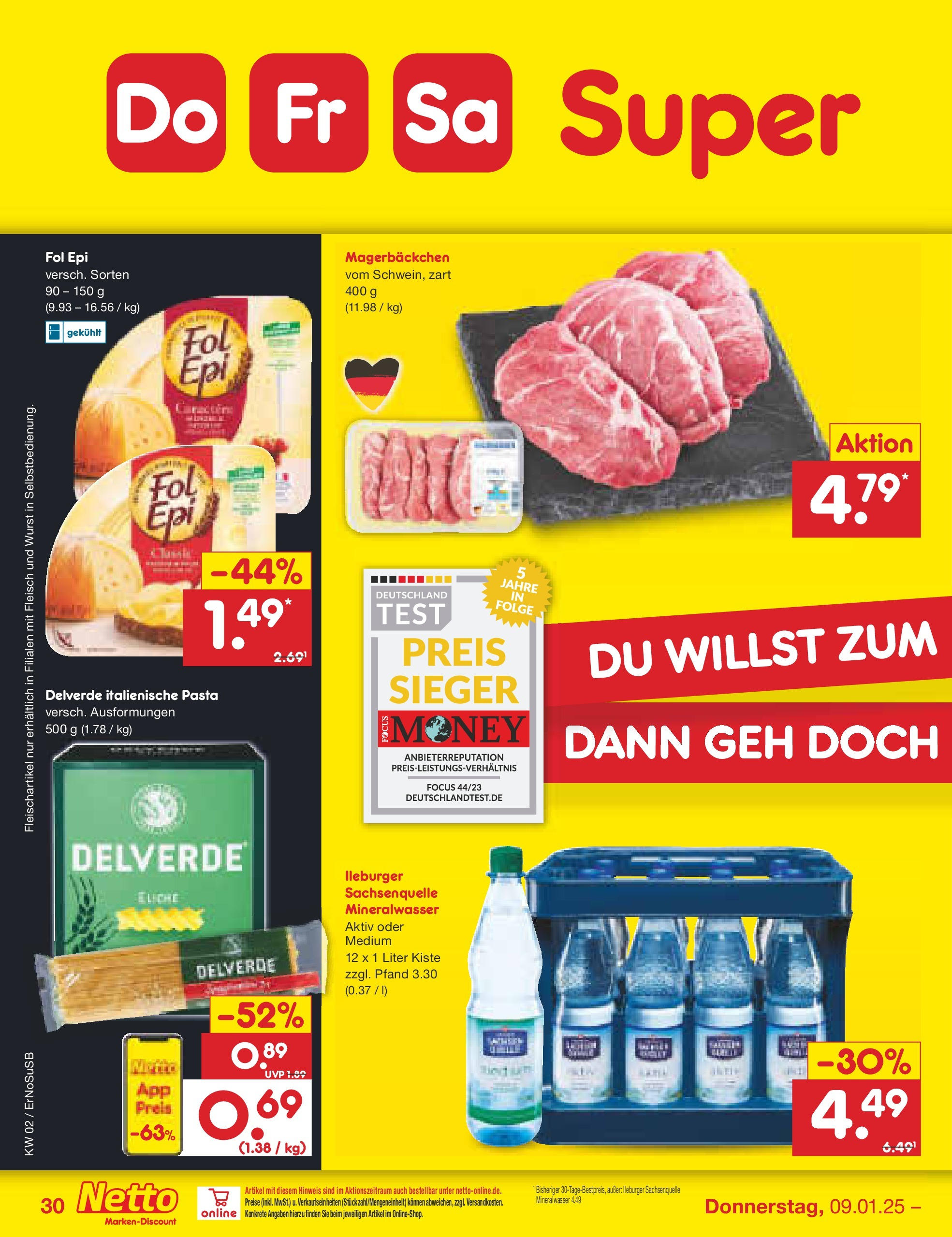 Netto Marken-Discount - Netto: Getränkeangebote (ab 06.01.2025) » Angebote | Seite: 44 | Produkte: Mineralwasser, Wurst, Pasta, Fleisch