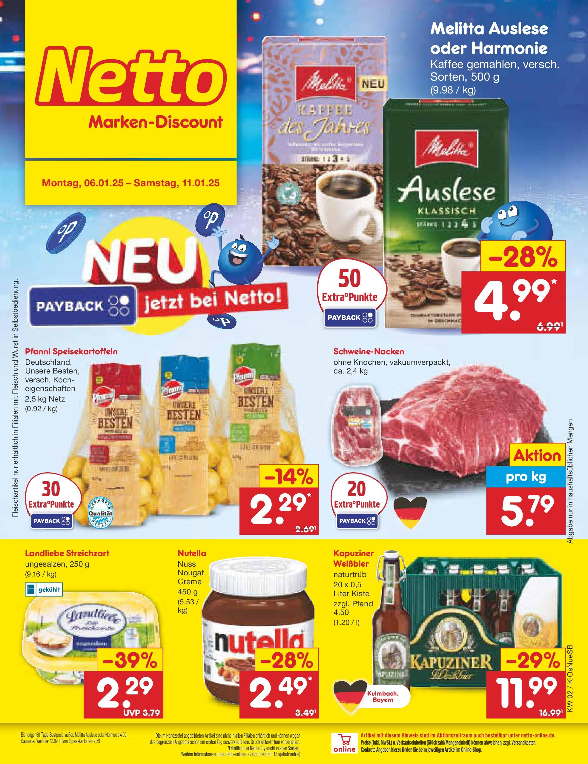 Netto Marken-Discount - Netto: Getränkeangebote (ab 06.01.2025) » Angebote | Seite: 1 | Produkte: Schweinenacken, Nutella, Wurst, Fleisch