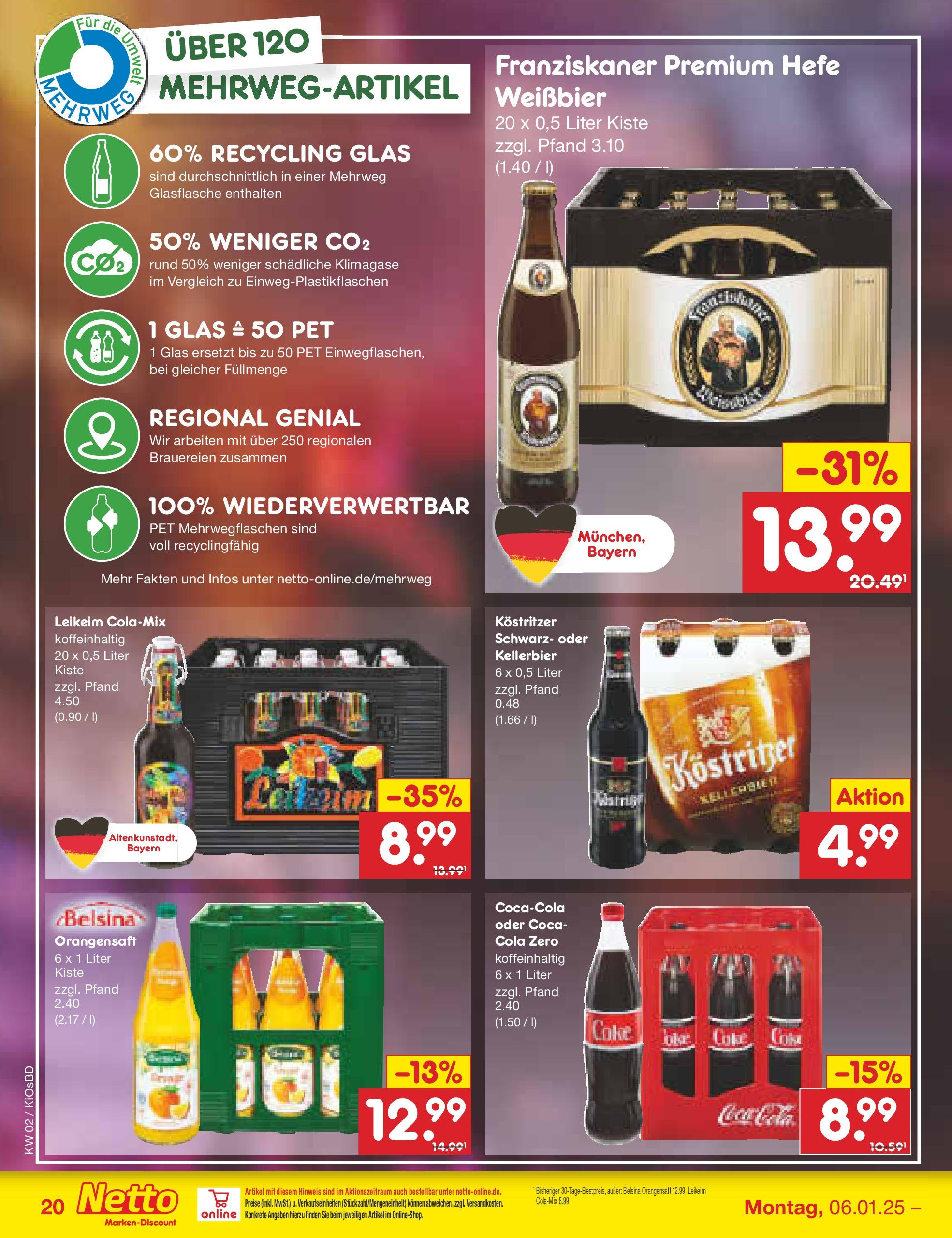 Netto Marken-Discount - Netto: Getränkeangebote (ab 06.01.2025) » Angebote | Seite: 28 | Produkte: Cola, Kostritzer, Weißbier, Orangensaft