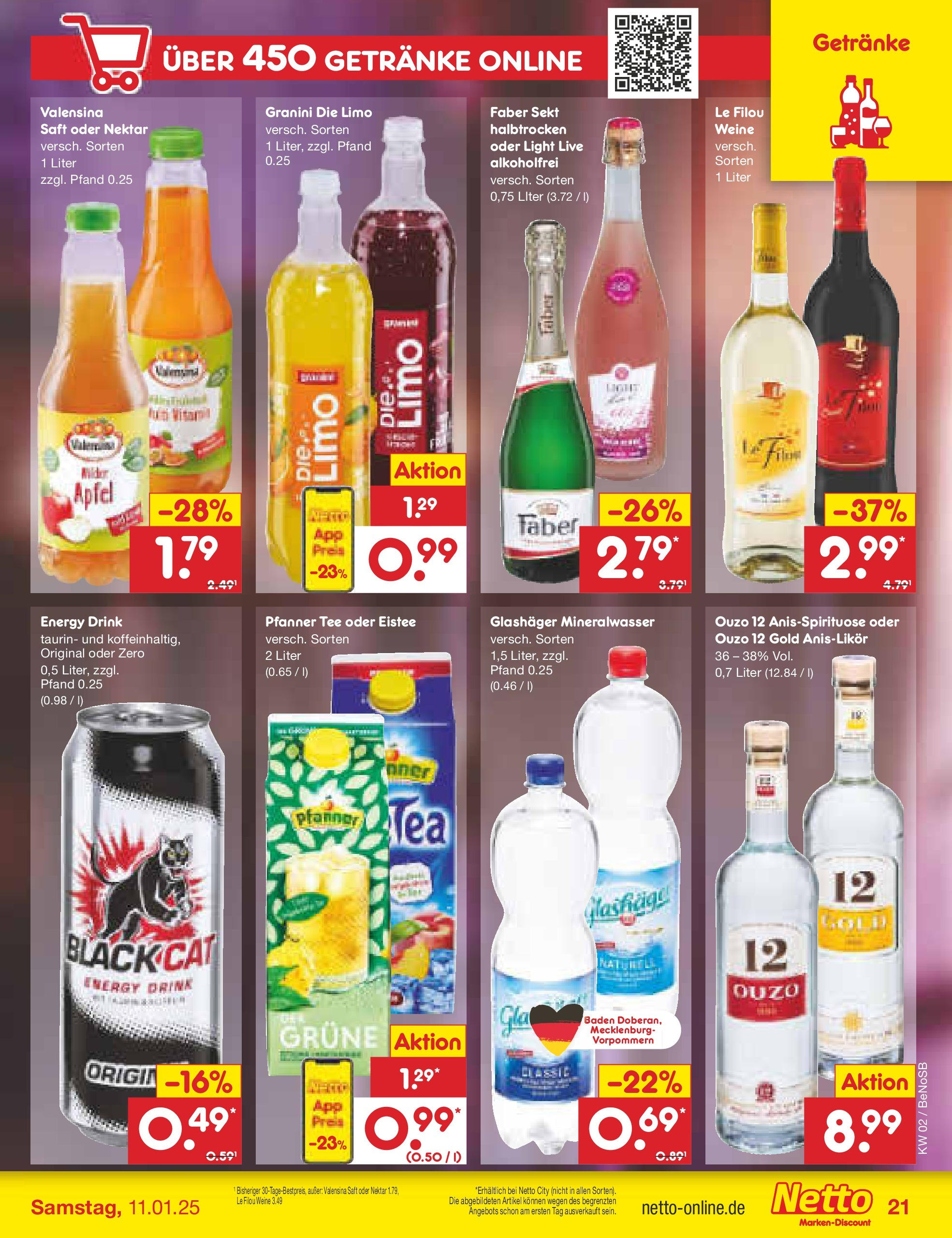 Netto Marken-Discount - Netto: Getränkeangebote (ab 06.01.2025) » Angebote | Seite: 29 | Produkte: Ouzo, Energy, Granini, Saft