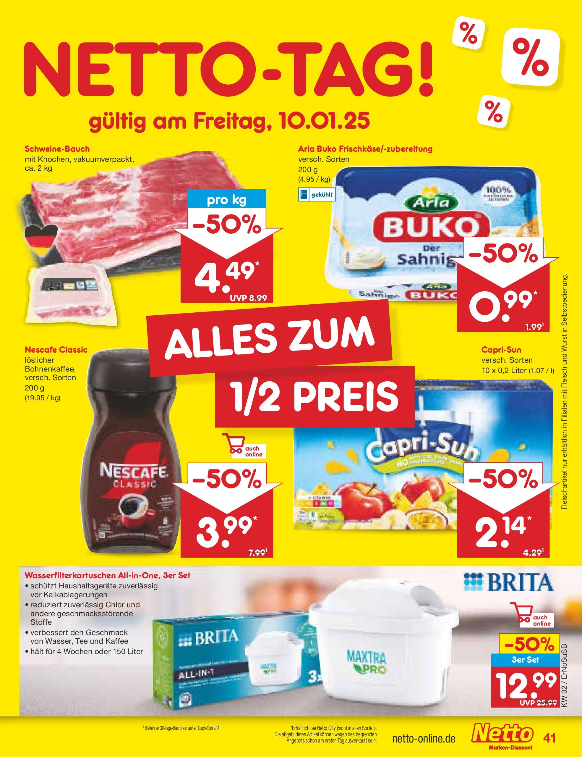 Netto Marken-Discount - Netto: Getränkeangebote (ab 06.01.2025) » Angebote | Seite: 57 | Produkte: Kaffee, Schweinebauch, Arla buko, Tee