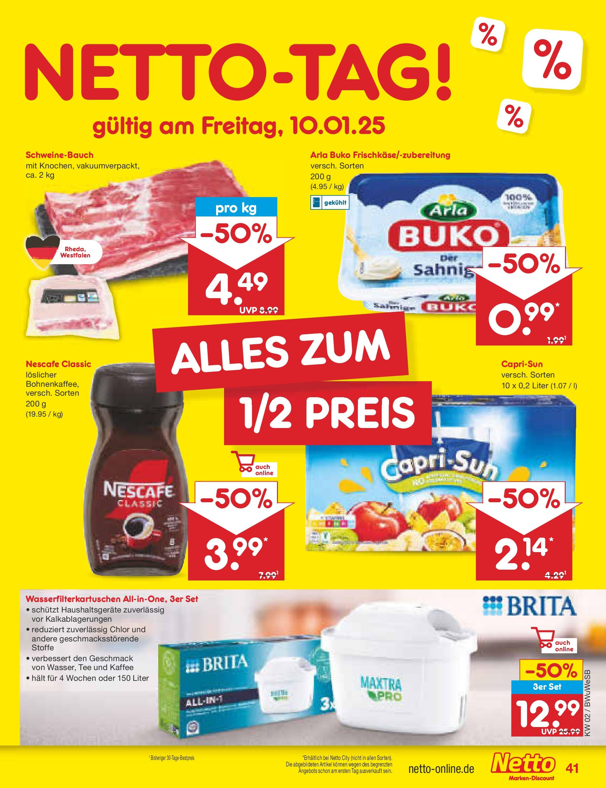 Netto Marken-Discount - Netto: Getränkeangebote (ab 06.01.2025) » Angebote | Seite: 57 | Produkte: Kaffee, Schweinebauch, Nescafe classic, Arla buko