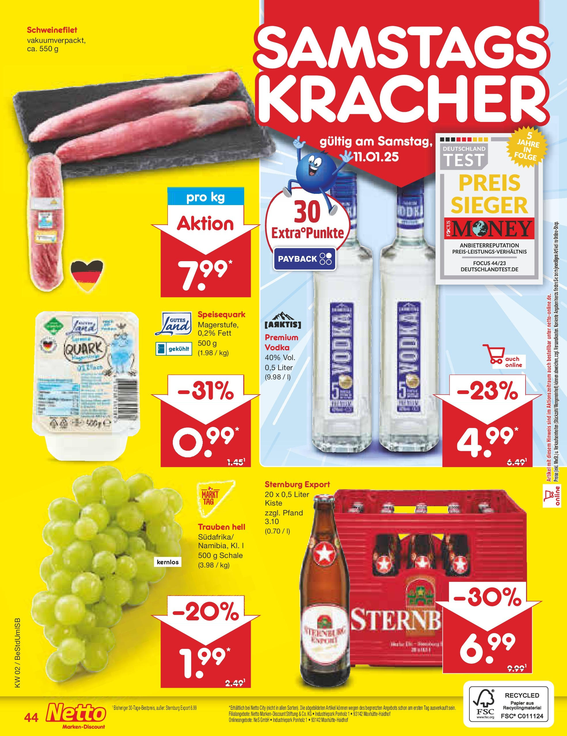 Netto Marken-Discount - Berlin, Corinthstraße 32 (ab 06.01.2025) » Angebote | Seite: 60 | Produkte: Quark, Trauben, Schweinefilet, Vodka