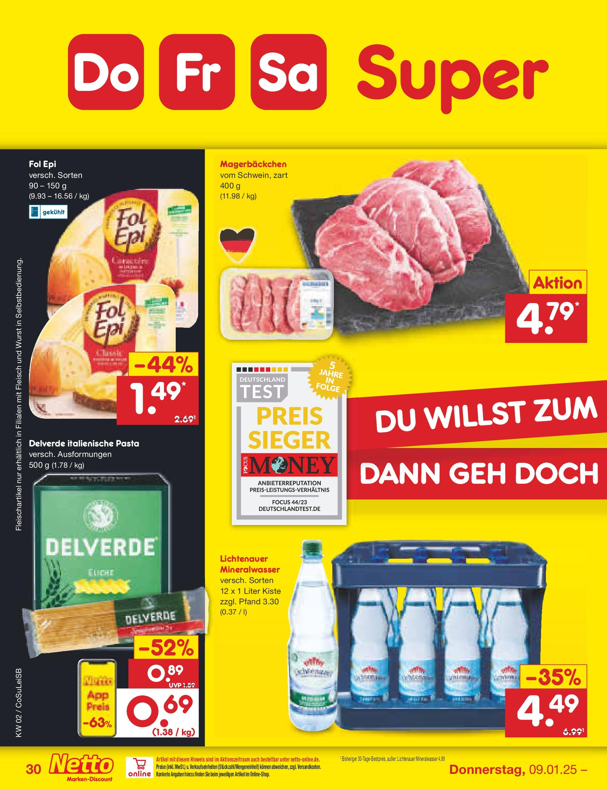 Netto Marken-Discount - Netto: Getränkeangebote (ab 06.01.2025) » Angebote | Seite: 44 | Produkte: Mineralwasser, Wurst, Pasta, Fleisch