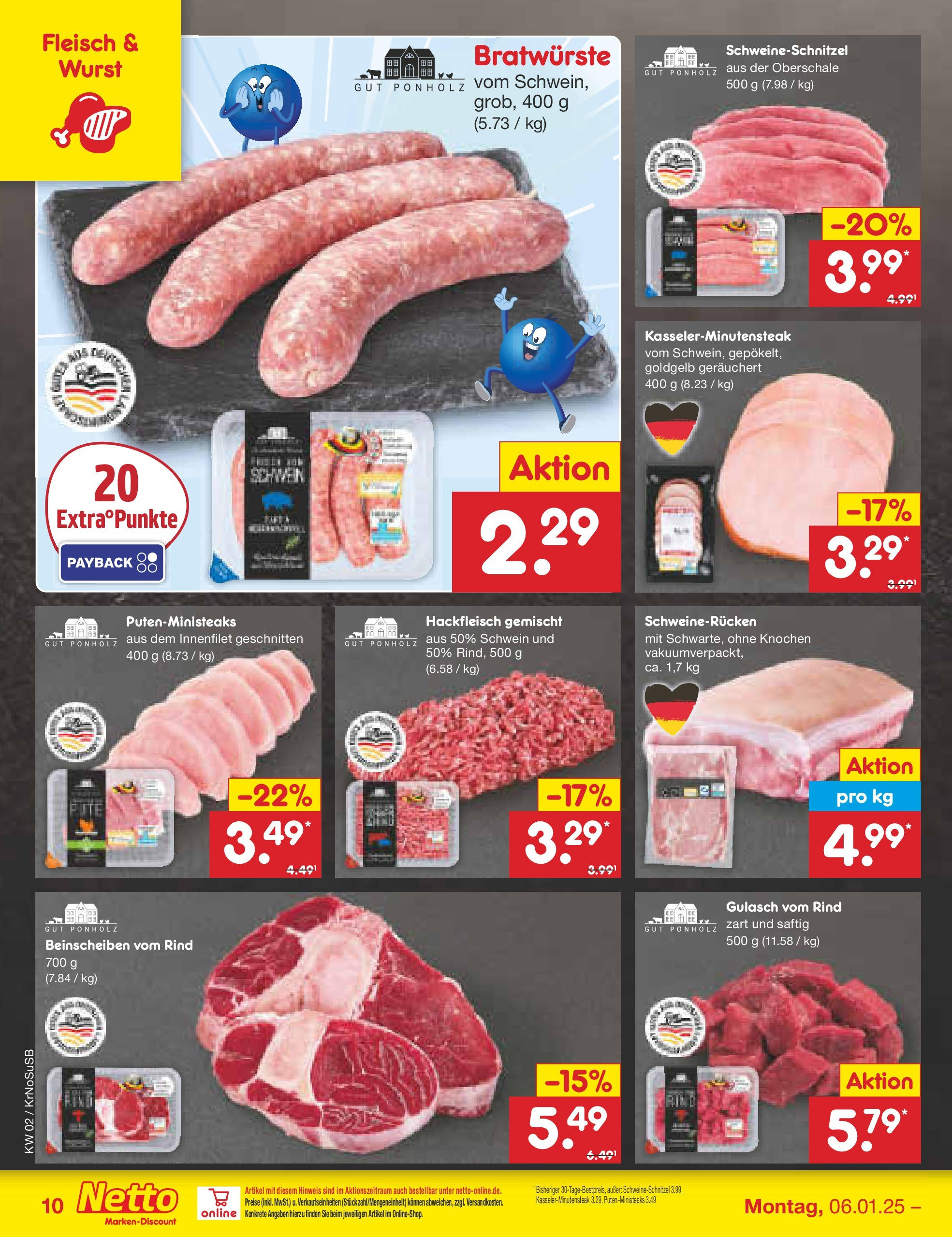 Netto Marken-Discount - Netto: Getränkeangebote (ab 06.01.2025) » Angebote | Seite: 10 | Produkte: Gulasch, Wurst, Schweinerucken, Hackfleisch