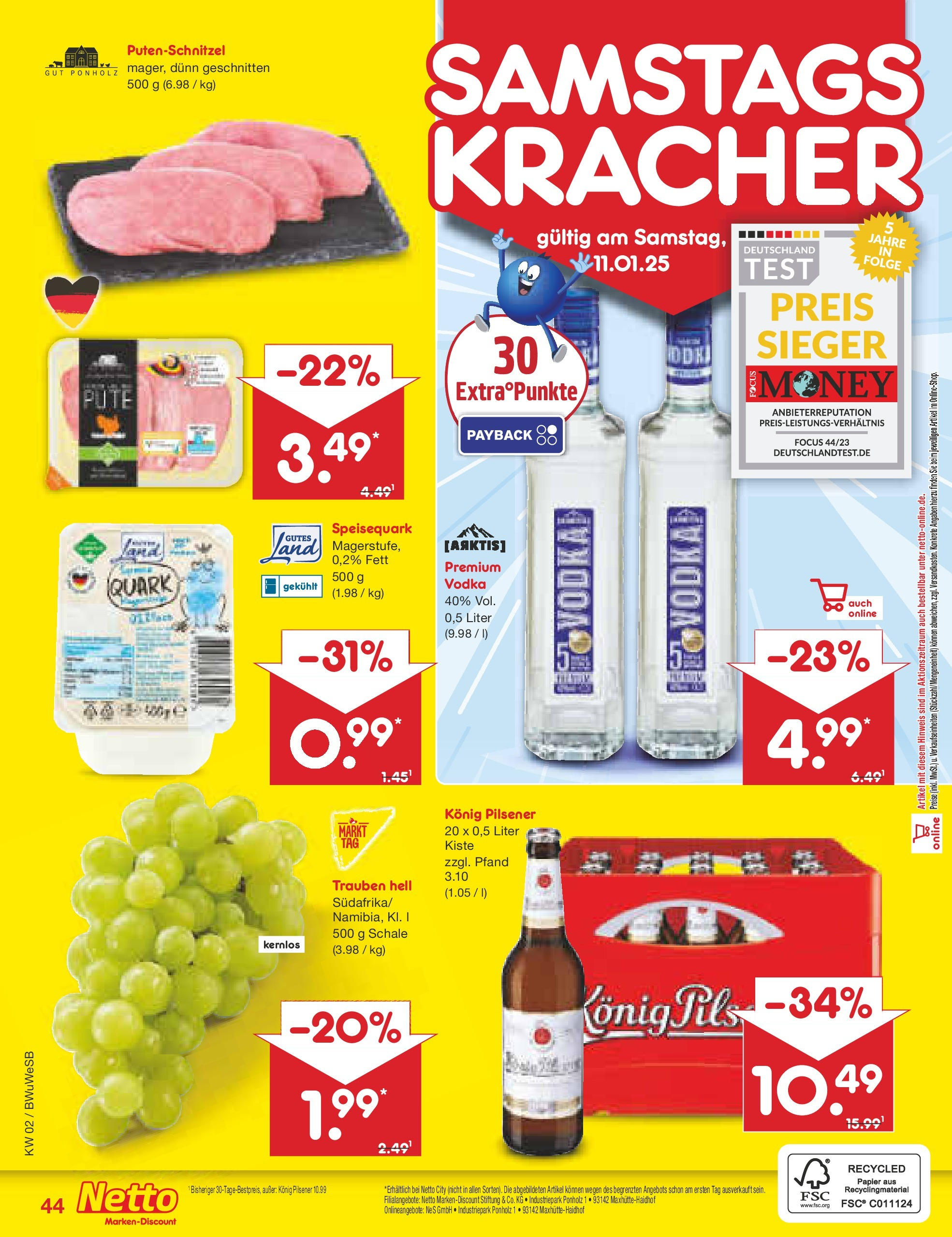 Netto Marken-Discount - Netto: Getränkeangebote (ab 06.01.2025) » Angebote | Seite: 60 | Produkte: Konig pilsener, Trauben, Putenschnitzel, Speisequark