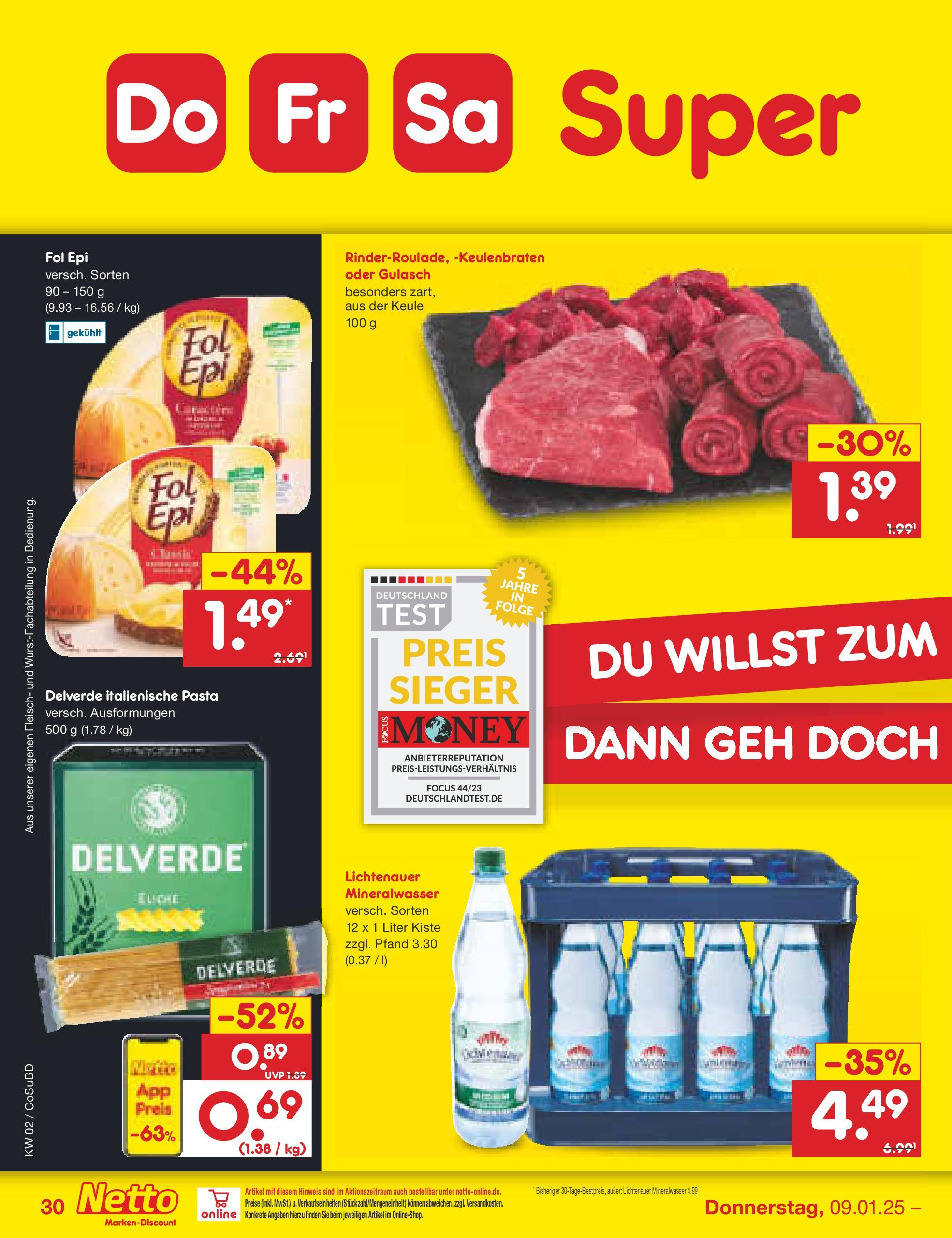 Netto Marken-Discount - Netto: Getränkeangebote (ab 06.01.2025) » Angebote | Seite: 44 | Produkte: Mineralwasser, Gulasch, Pasta, Fleisch