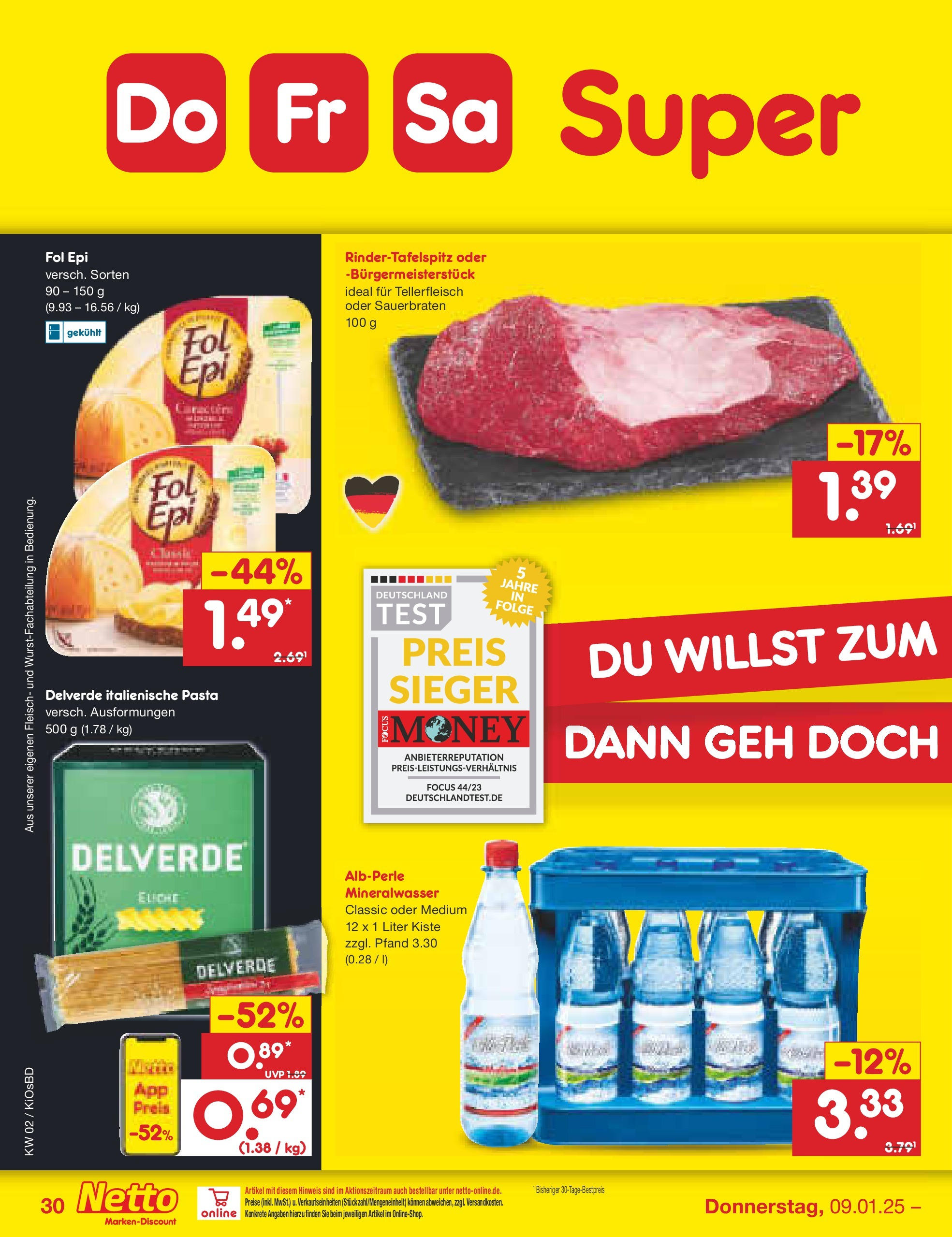 Netto Marken-Discount - Netto: Getränkeangebote (ab 06.01.2025) » Angebote | Seite: 44 | Produkte: Mineralwasser, Pasta, Fleisch