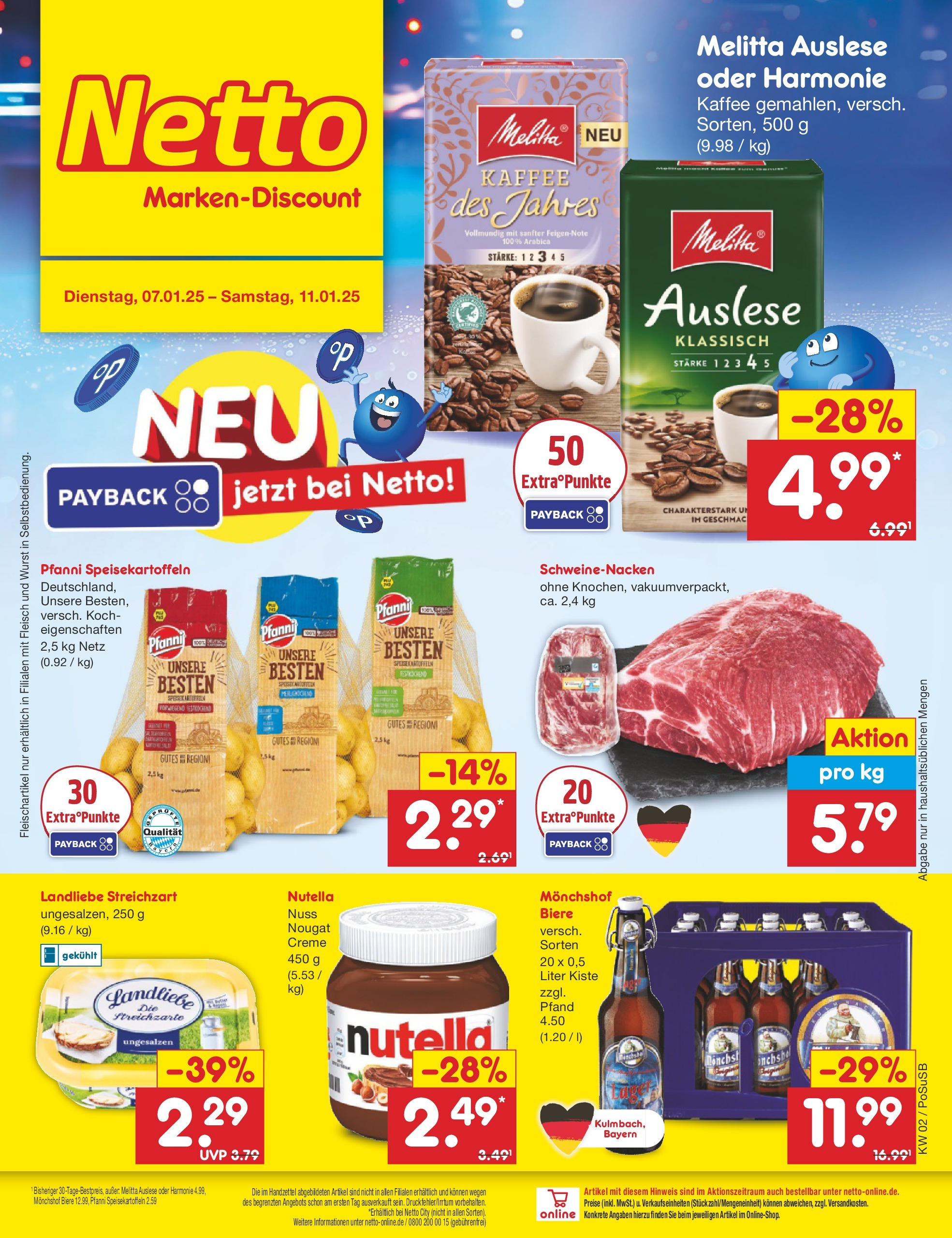 Netto Marken-Discount - Netto: Getränkeangebote (ab 06.01.2025) » Angebote | Seite: 1 | Produkte: Melitta, Monchshof, Schweinenacken, Creme