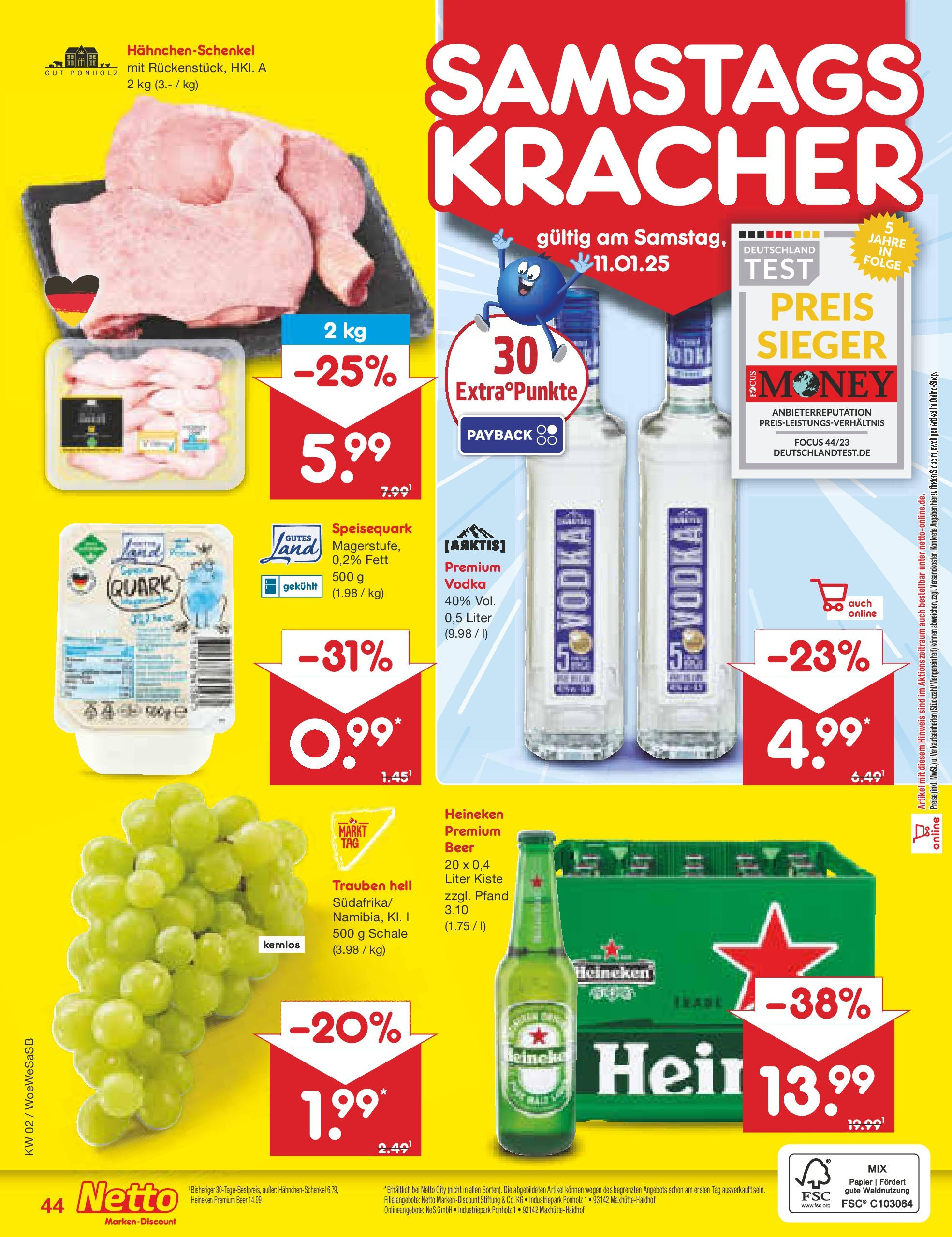 Netto Marken-Discount - Netto: Getränkeangebote (ab 06.01.2025) » Angebote | Seite: 60 | Produkte: Hahnchenschenkel, Trauben, Heineken, Vodka