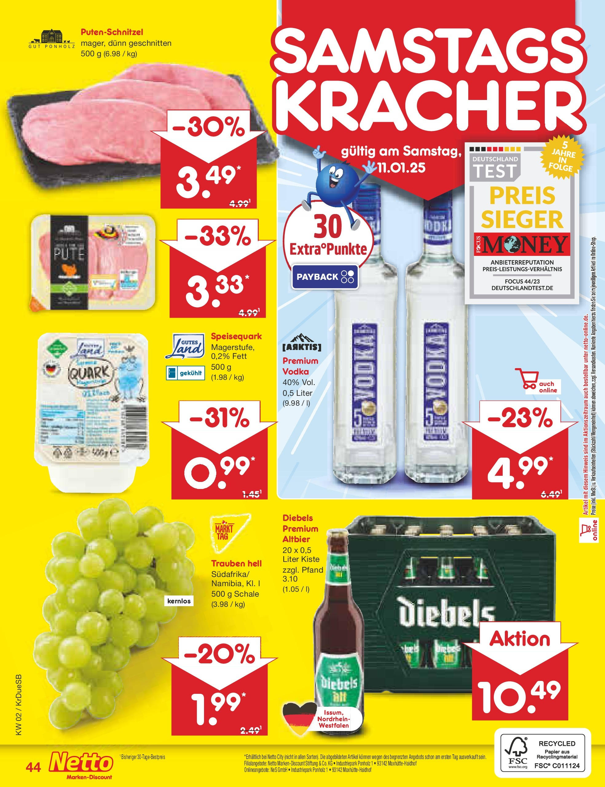 Netto Marken-Discount - Netto: Getränkeangebote (ab 06.01.2025) » Angebote | Seite: 60 | Produkte: Quark, Putenschnitzel, Vodka, Speisequark