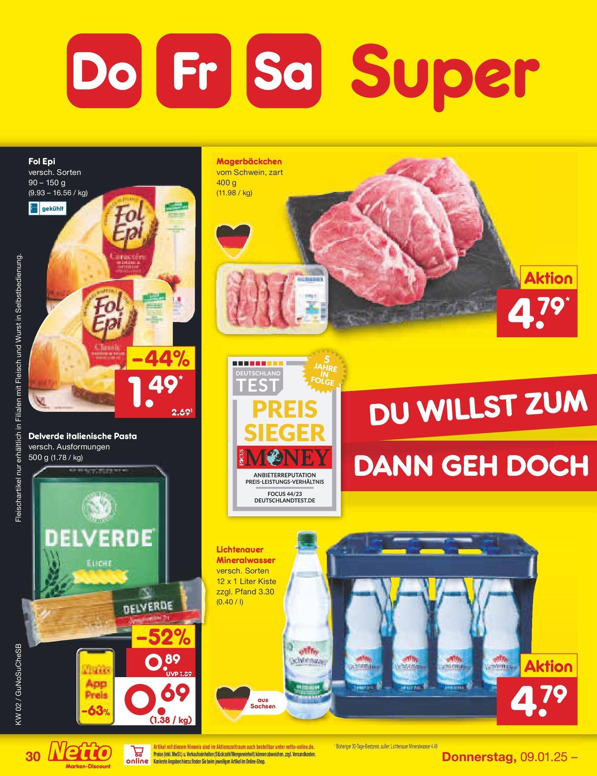 Netto Marken-Discount - Netto: Getränkeangebote (ab 06.01.2025) » Angebote | Seite: 44 | Produkte: Mineralwasser, Wurst, Pasta, Fleisch