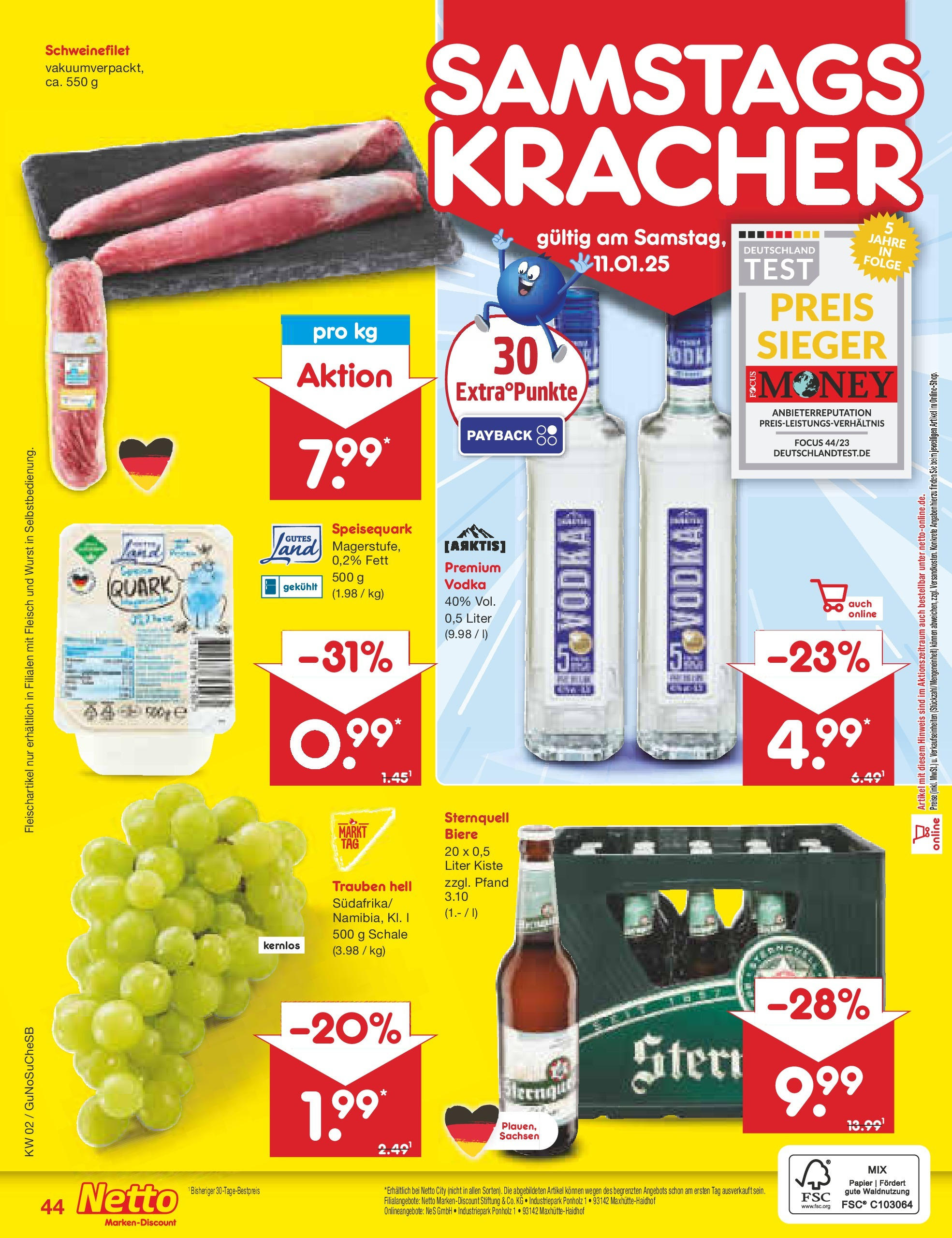 Netto Marken-Discount - Netto: Getränkeangebote (ab 06.01.2025) » Angebote | Seite: 60 | Produkte: Quark, Schweinefilet, Vodka, Speisequark