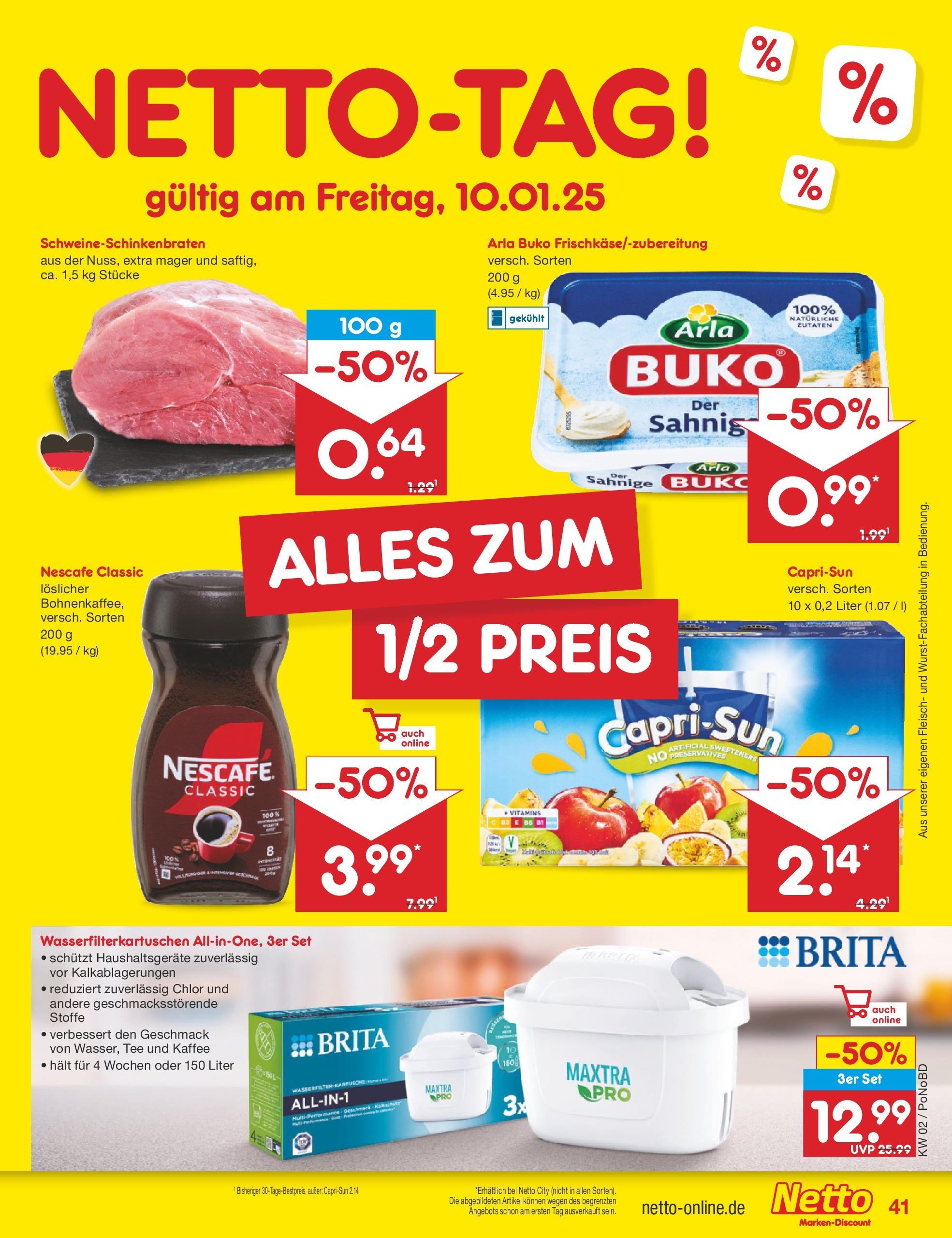 Netto Marken-Discount - Netto: Getränkeangebote (ab 06.01.2025) » Angebote | Seite: 57 | Produkte: Nescafe, Kaffee, Arla buko, Fleisch