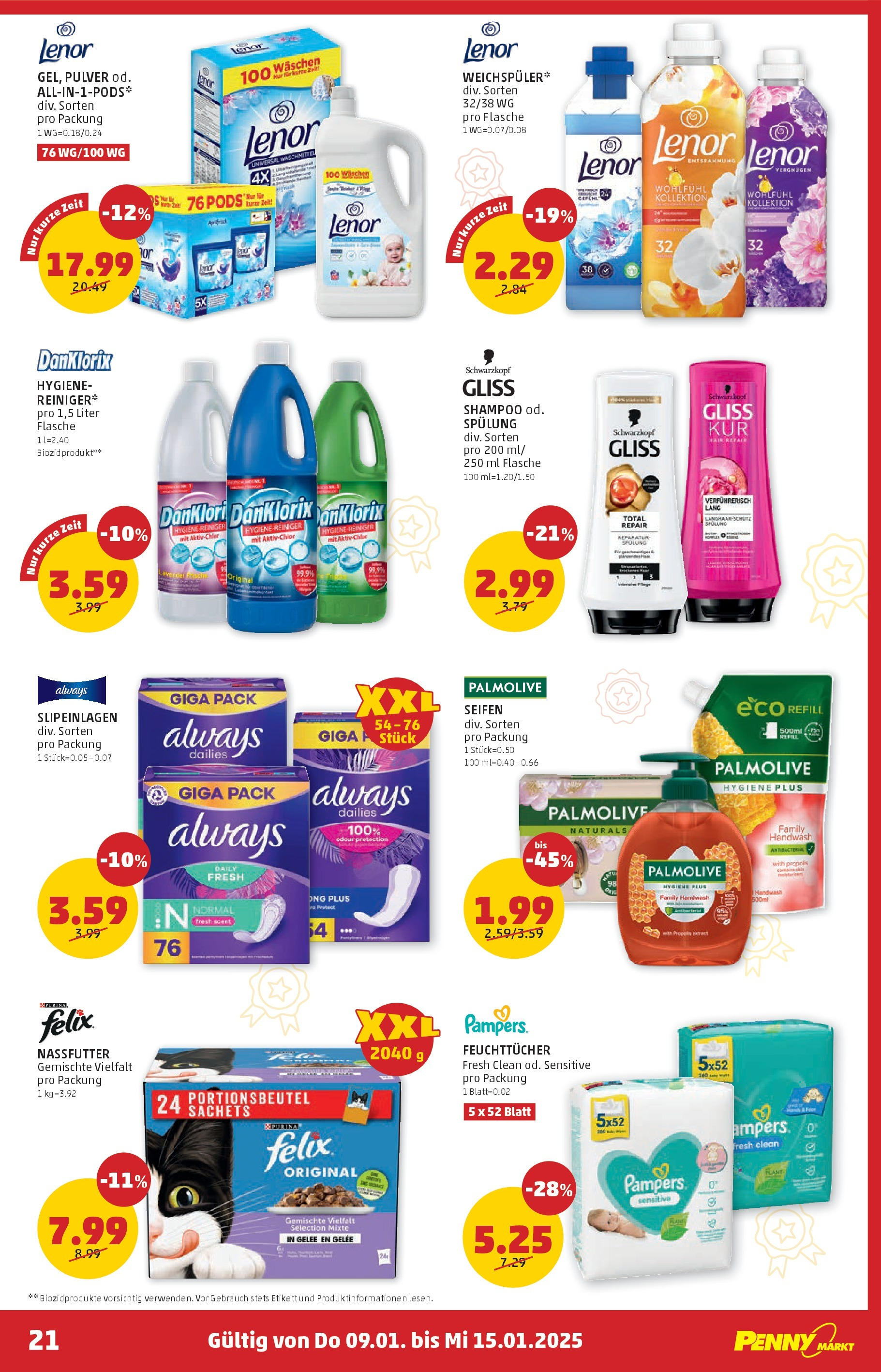 Penny Markt Die ganze Woche sparen. ab (09.01.2025) - Angebote, Prospekt | Seite: 21 | Produkte: Pampers, Shampoo, Spülung, Waschmittel