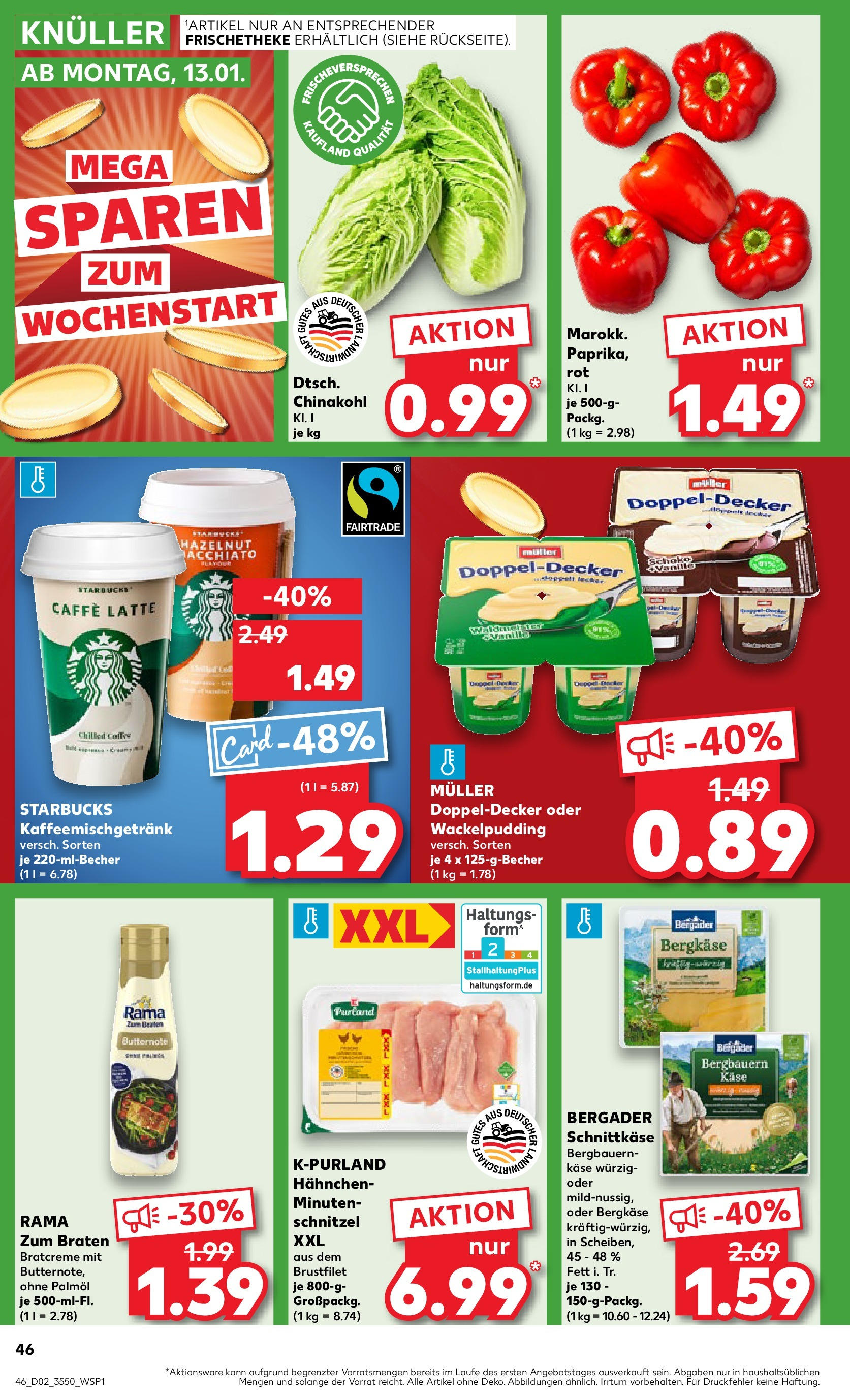 Kaufland - Berlin-Reinickendorf, Ollenhauerstraße 122 (ab 09.01.2025) » Angebote Online zum Blättern | Seite: 46 | Produkte: Hahnchen, Käse, Starbucks, Chinakohl