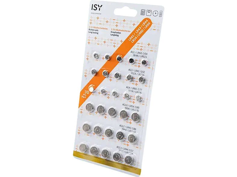 ISY IBA-3030 30-Mix Pack Alkaline-Batterien Knopfzellen, 1.5 Volt