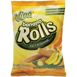 Viva Rolls - Kakaohaltige Röllchen aus extrudiertem Getreide mit 50% Cremefüllung mit Bananengeschmack mit Zusatz von Vitaminen