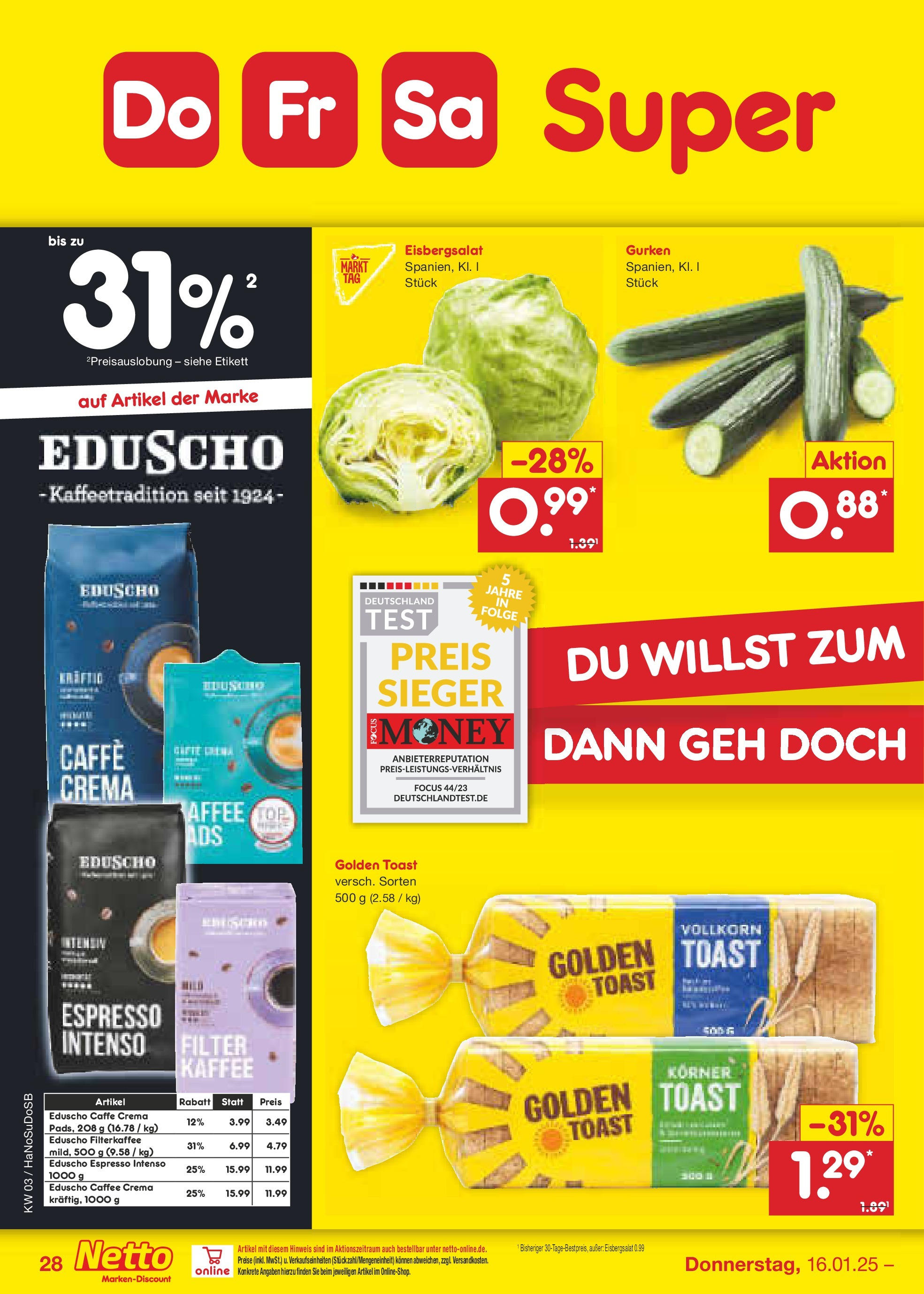 Netto Marken-Discount - Netto: Wochenangebote (ab 12.01.2025) » Angebote | Seite: 42 | Produkte: Kaffee, Toast, Eisbergsalat, Gurken