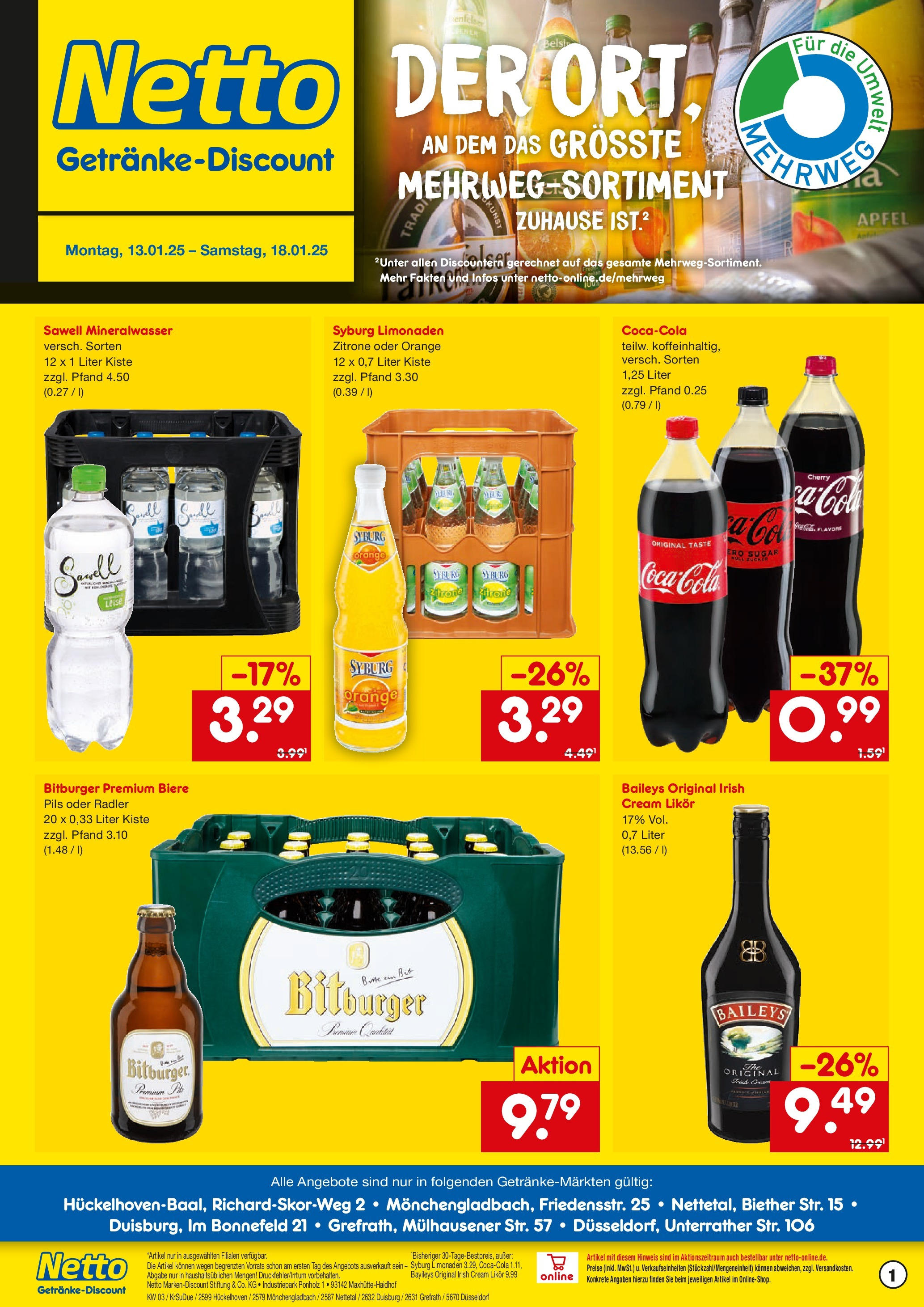 Netto Marken-Discount - Netto: Getränkeangebote (ab 12.01.2025) » Angebote | Seite: 1 | Produkte: Bitburger, Likör, Äpfel, Mineralwasser