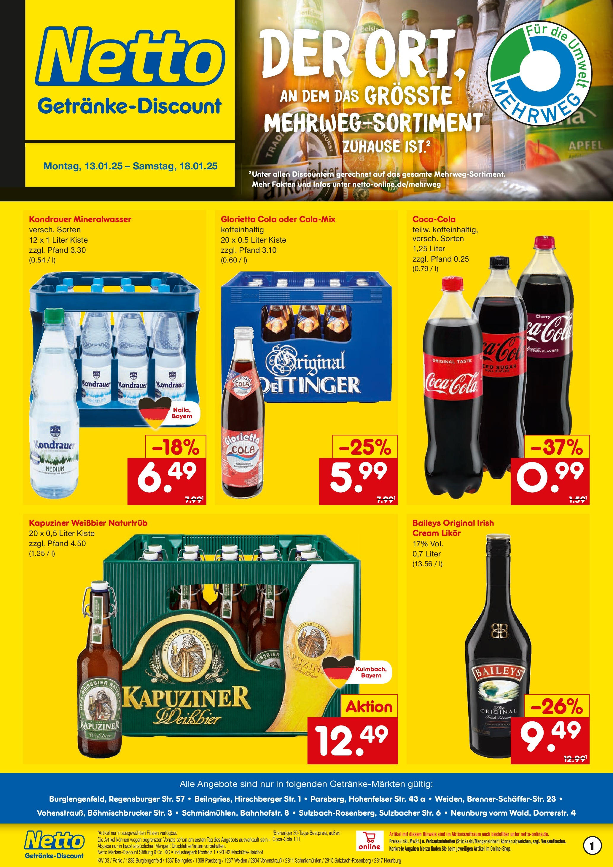 Netto Marken-Discount - Netto: Getränkeangebote (ab 12.01.2025) » Angebote | Seite: 1 | Produkte: Cola, Weißbier, Likör, Äpfel