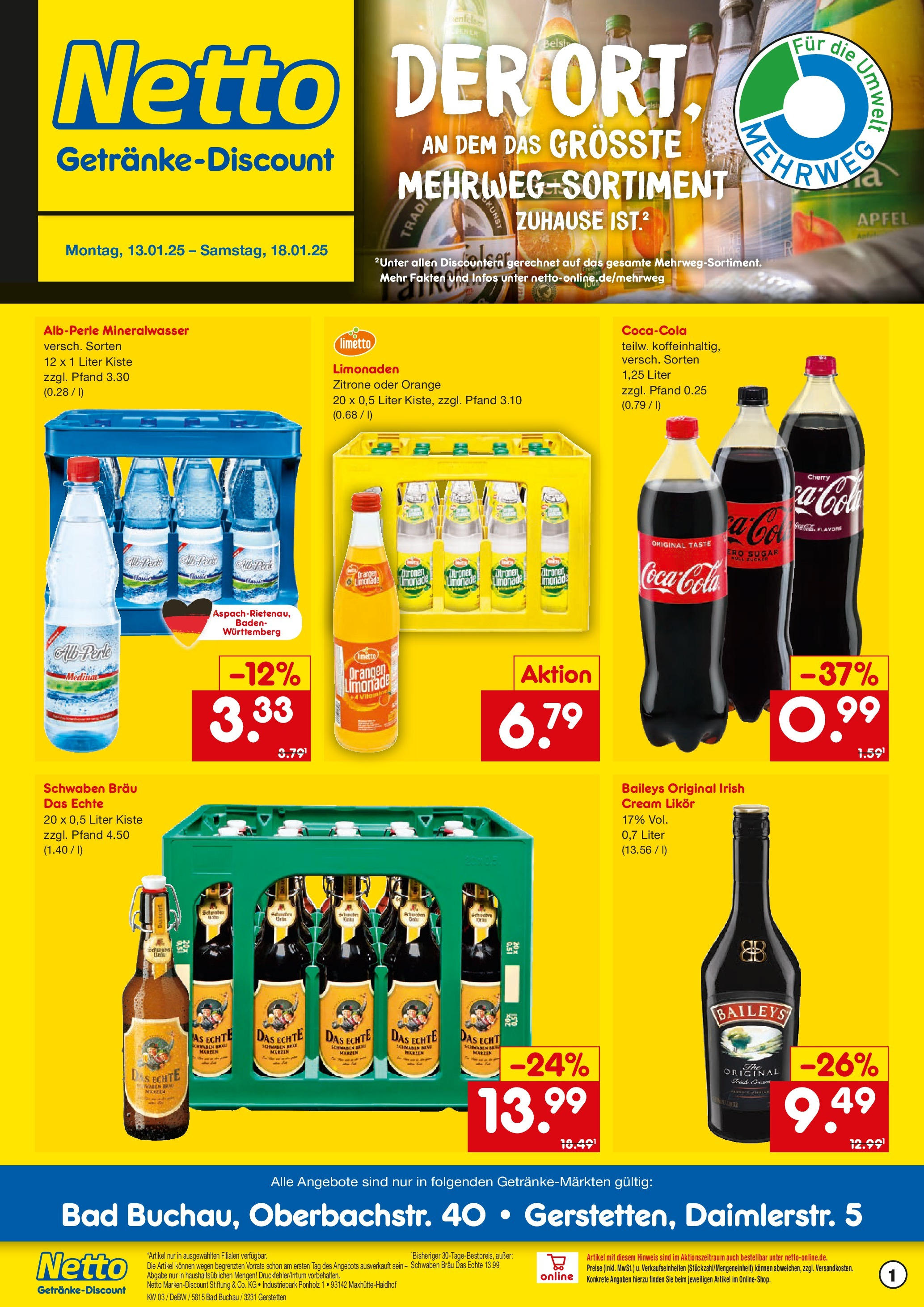 Netto Marken-Discount - Netto: Getränkeangebote (ab 12.01.2025) » Angebote | Seite: 1 | Produkte: Bad, Limonade, Mineralwasser, Baileys