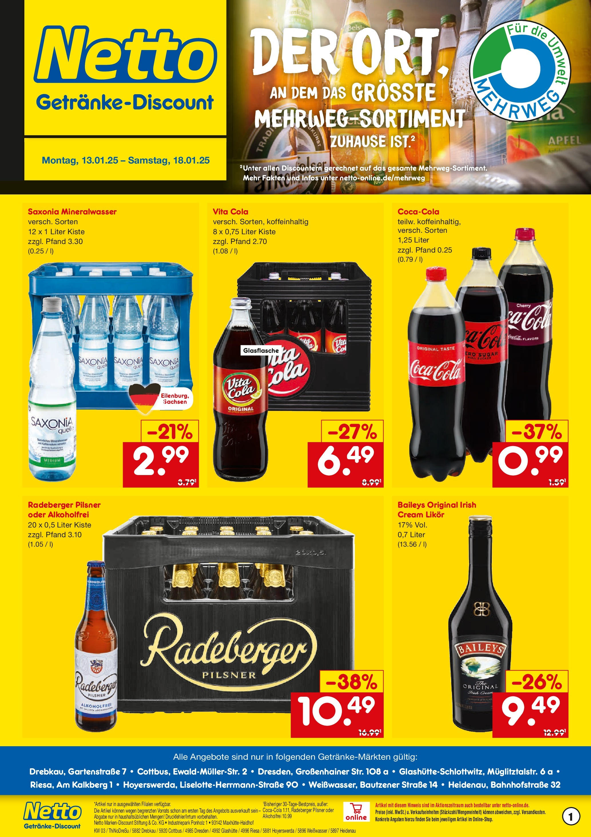 Netto Marken-Discount - Netto: Getränkeangebote (ab 12.01.2025) » Angebote | Seite: 1 | Produkte: Cola, Äpfel, Mineralwasser, Vita cola