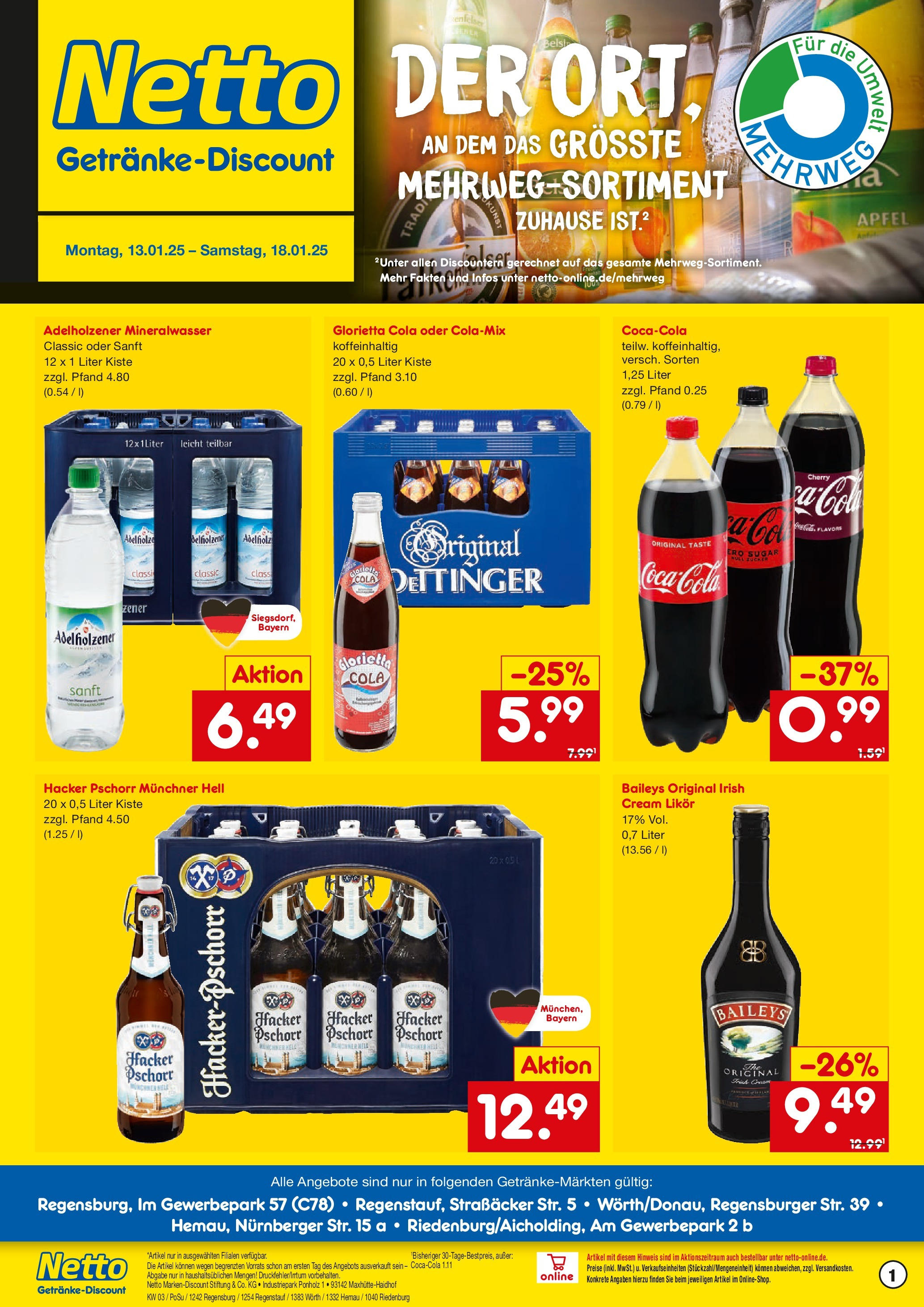 Netto Marken-Discount - Netto: Getränkeangebote (ab 12.01.2025) » Angebote | Seite: 1 | Produkte: Cola, Likör, Adelholzener, Mineralwasser