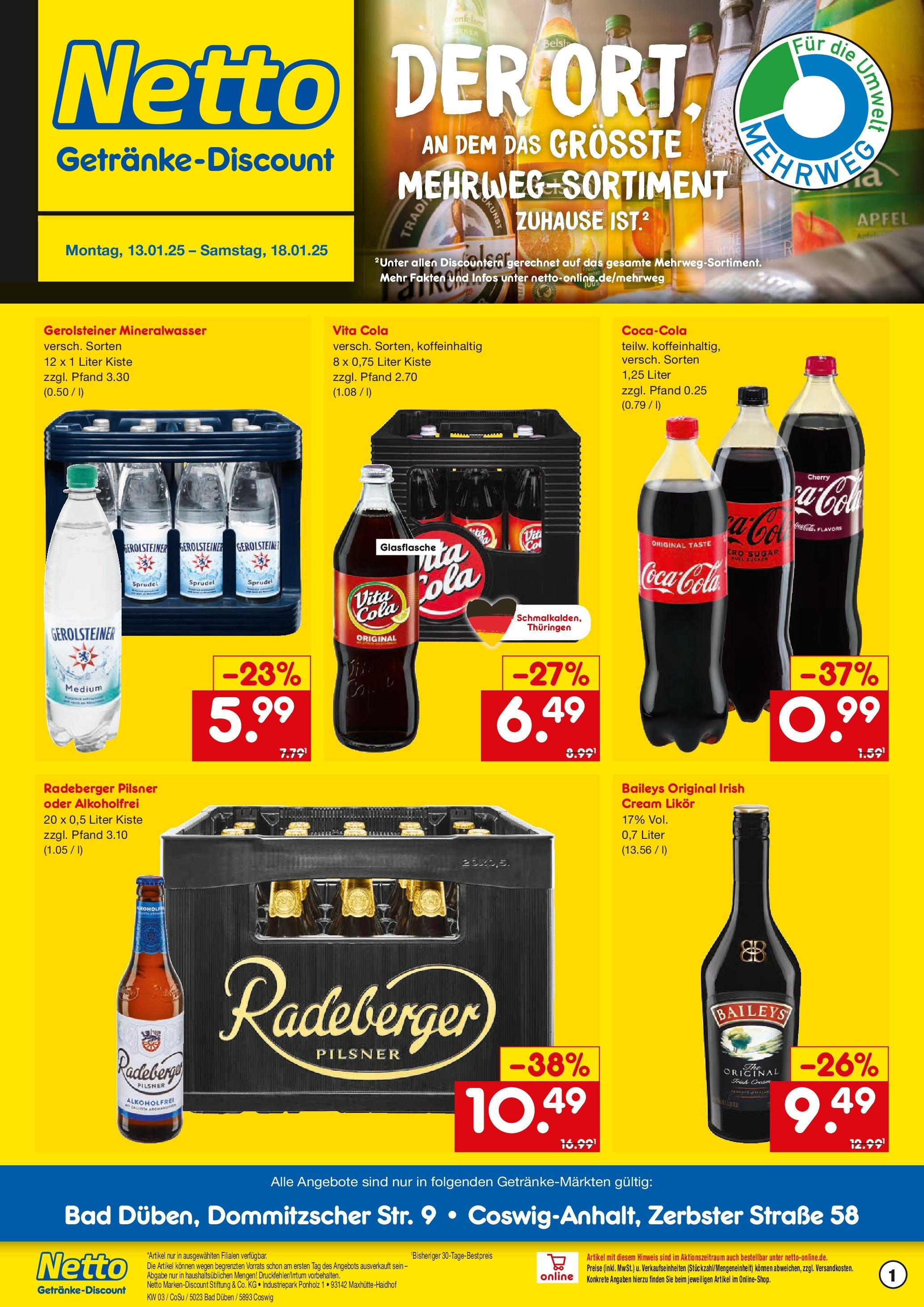 Netto Marken-Discount - Netto: Getränkeangebote (ab 12.01.2025) » Angebote | Seite: 1 | Produkte: Bad, Äpfel, Mineralwasser, Gerolsteiner