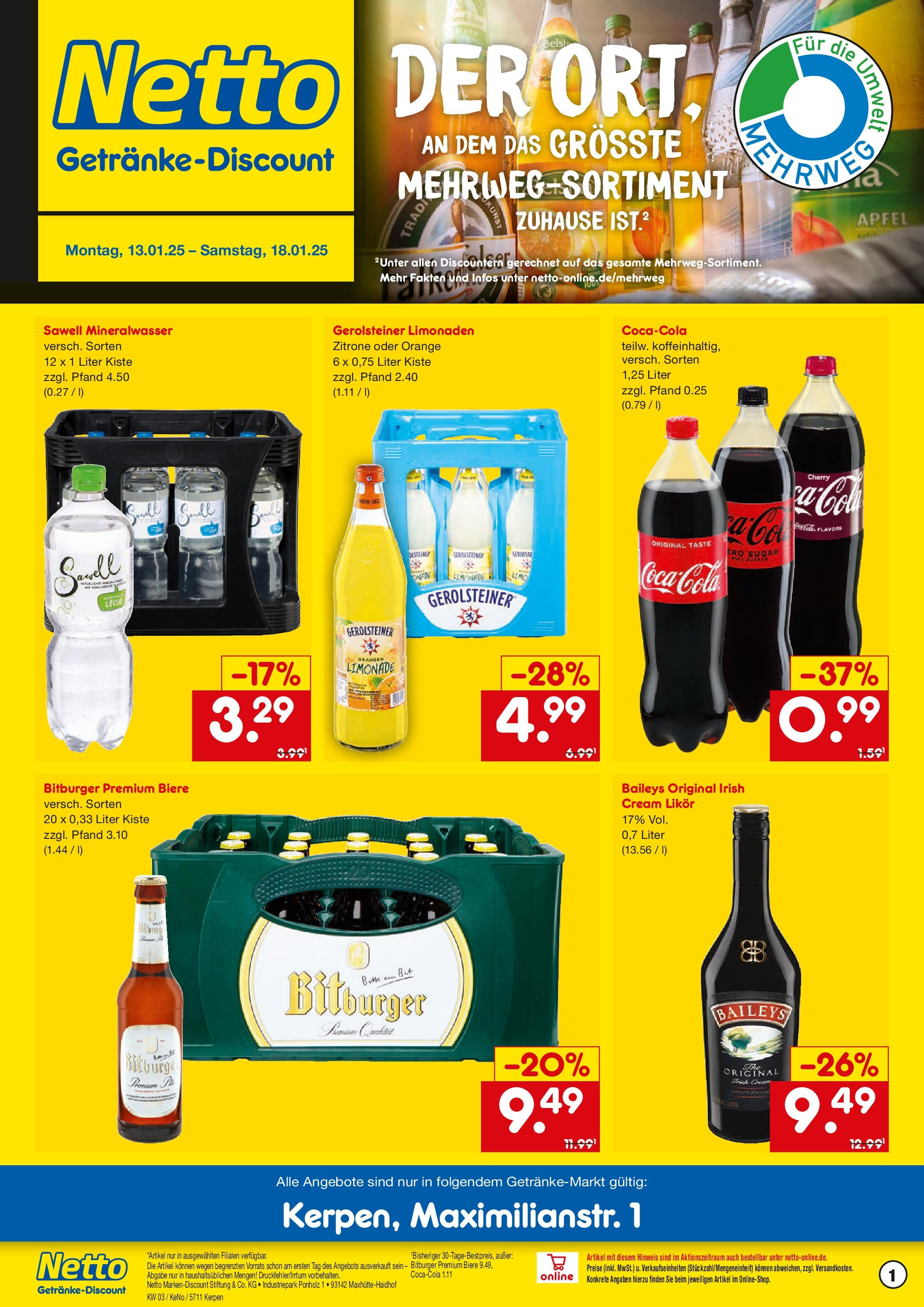 Netto Marken-Discount - Netto: Getränkeangebote (ab 12.01.2025) » Angebote | Seite: 1 | Produkte: Bitburger, Likör, Limonade, Mineralwasser