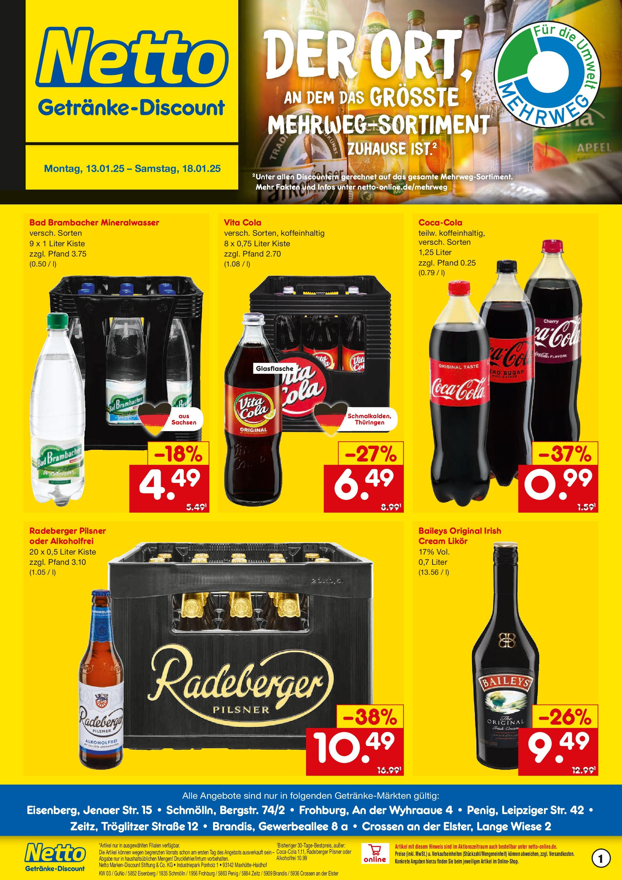 Netto Marken-Discount - Netto: Getränkeangebote (ab 12.01.2025) » Angebote | Seite: 1 | Produkte: Cola, Bad, Äpfel, Vita cola