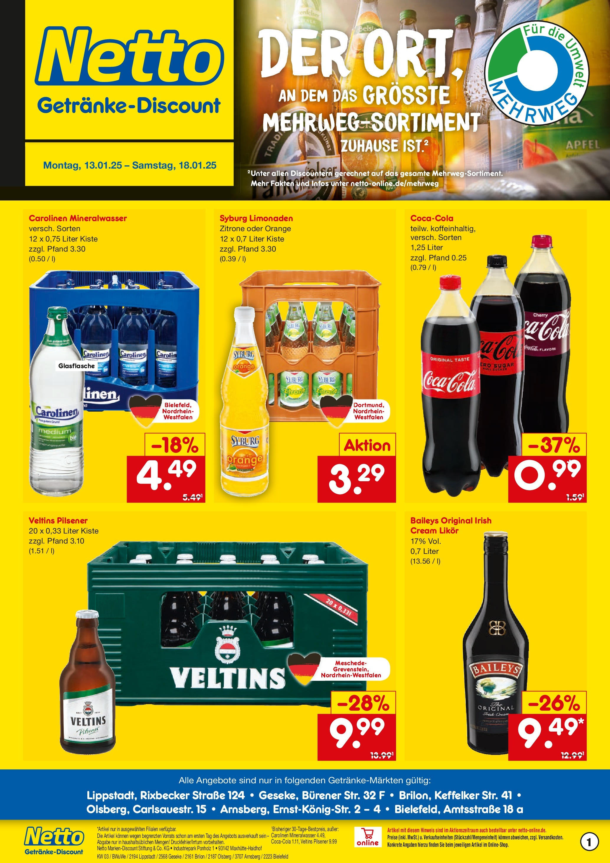 Netto Marken-Discount - Netto: Getränkeangebote (ab 12.01.2025) » Angebote | Seite: 1 | Produkte: Äpfel, Mineralwasser, Baileys, Veltins