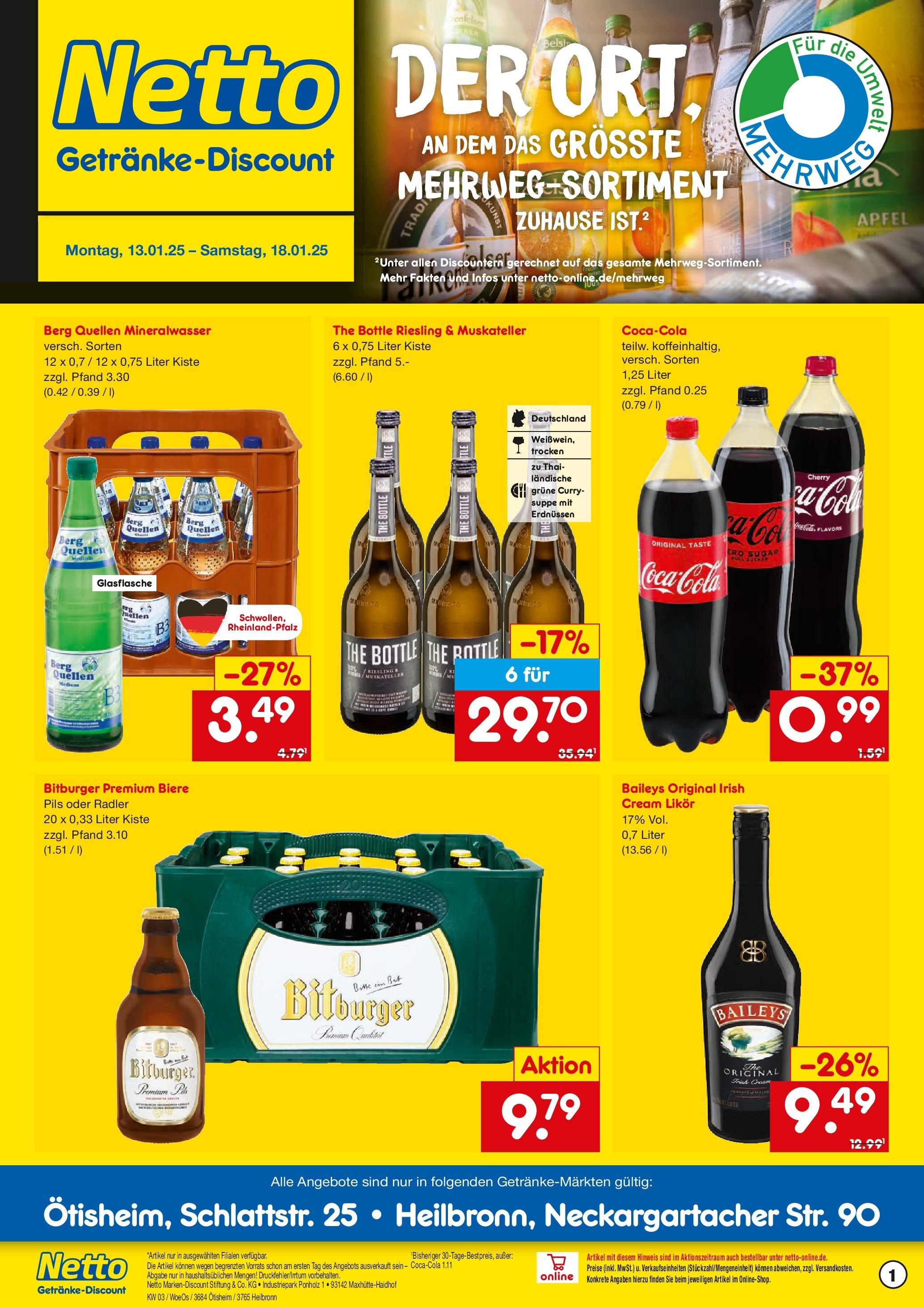 Netto Marken-Discount - Netto: Getränkeangebote (ab 12.01.2025) » Angebote | Seite: 1 | Produkte: Bitburger, Pils, Radler, Baileys