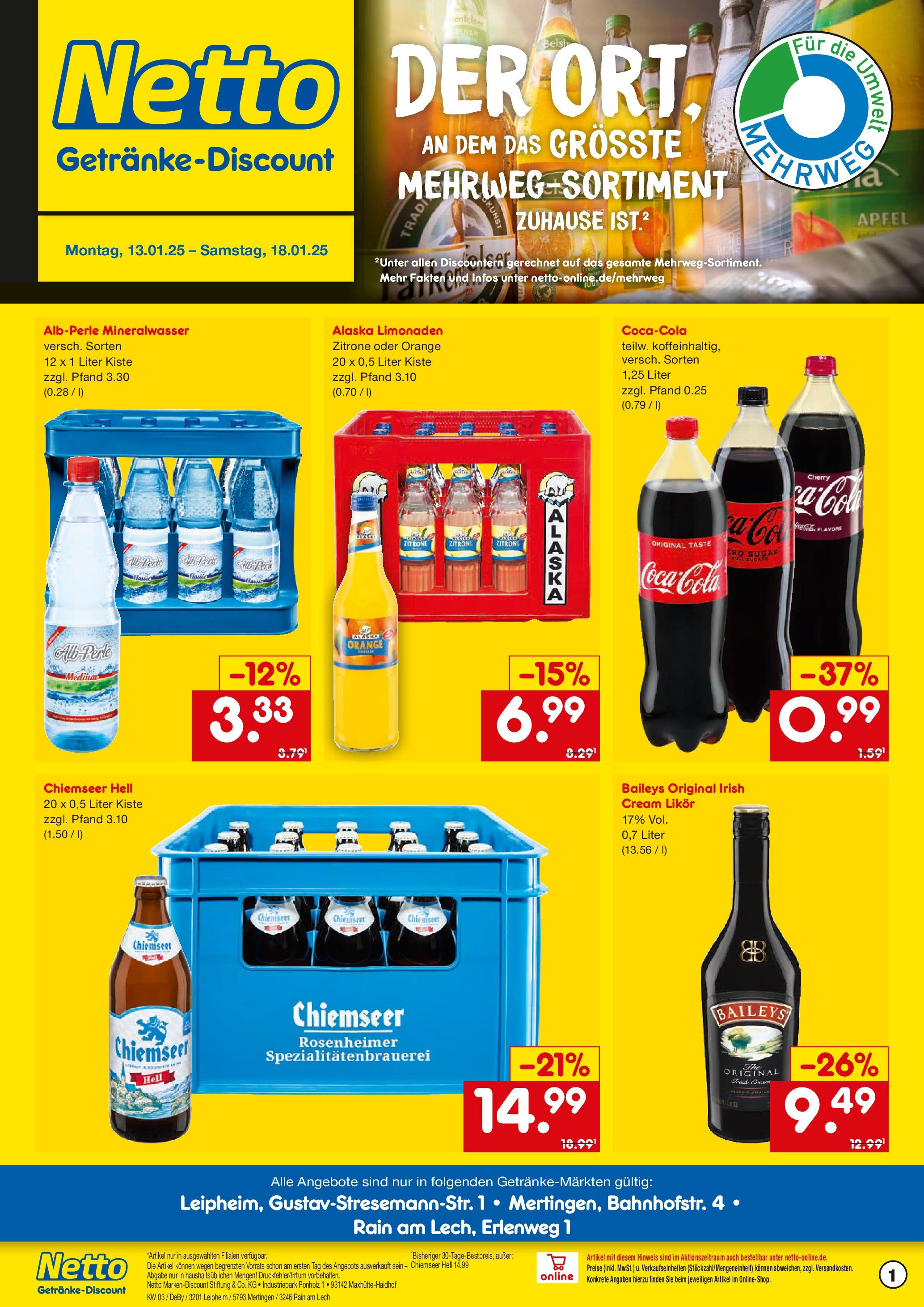 Netto Marken-Discount - Netto: Getränkeangebote (ab 12.01.2025) » Angebote | Seite: 1 | Produkte: Likör, Äpfel, Mineralwasser, Baileys