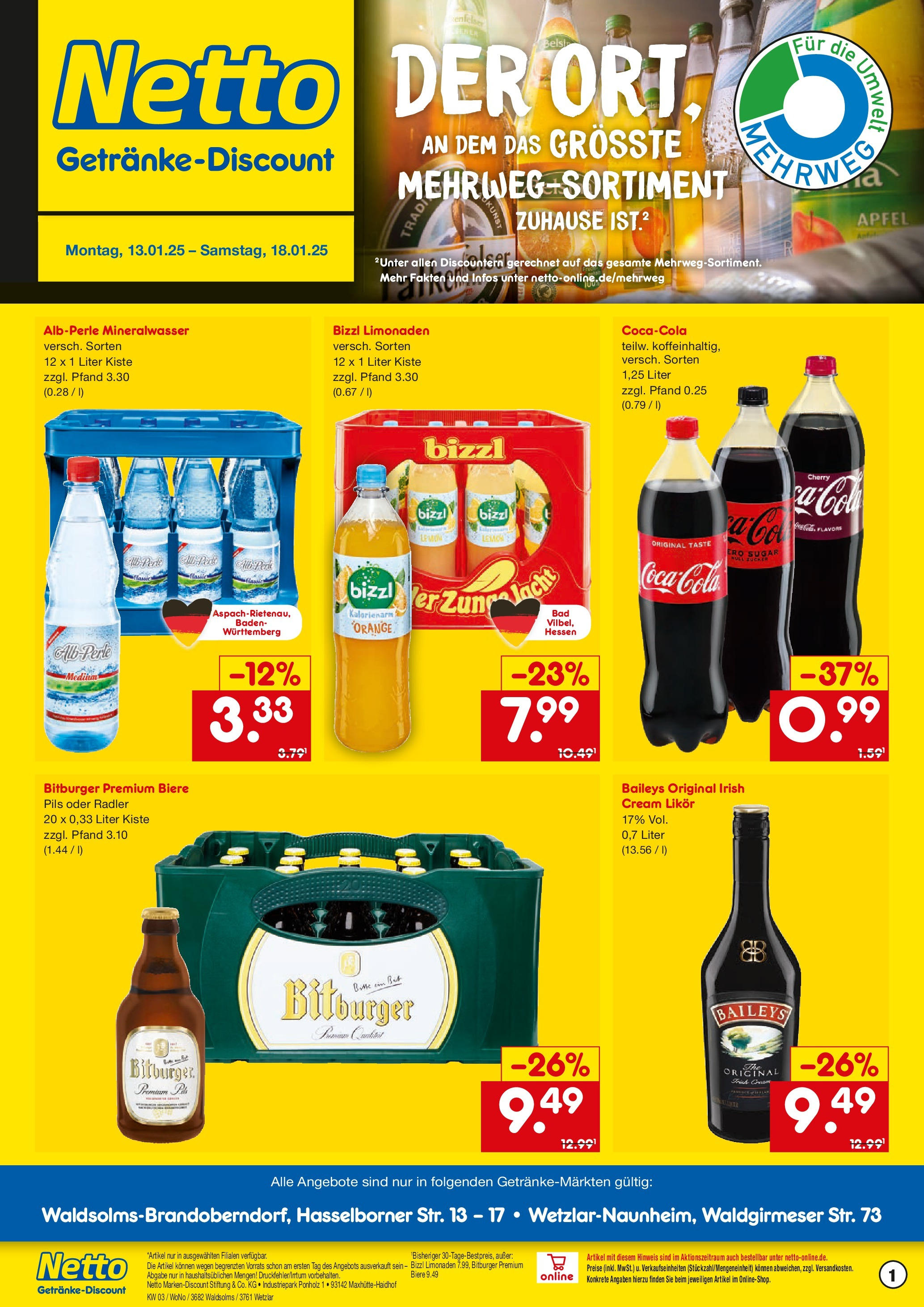 Netto Marken-Discount - Netto: Getränkeangebote (ab 12.01.2025) » Angebote | Seite: 1 | Produkte: Bitburger, Pils, Äpfel, Baileys