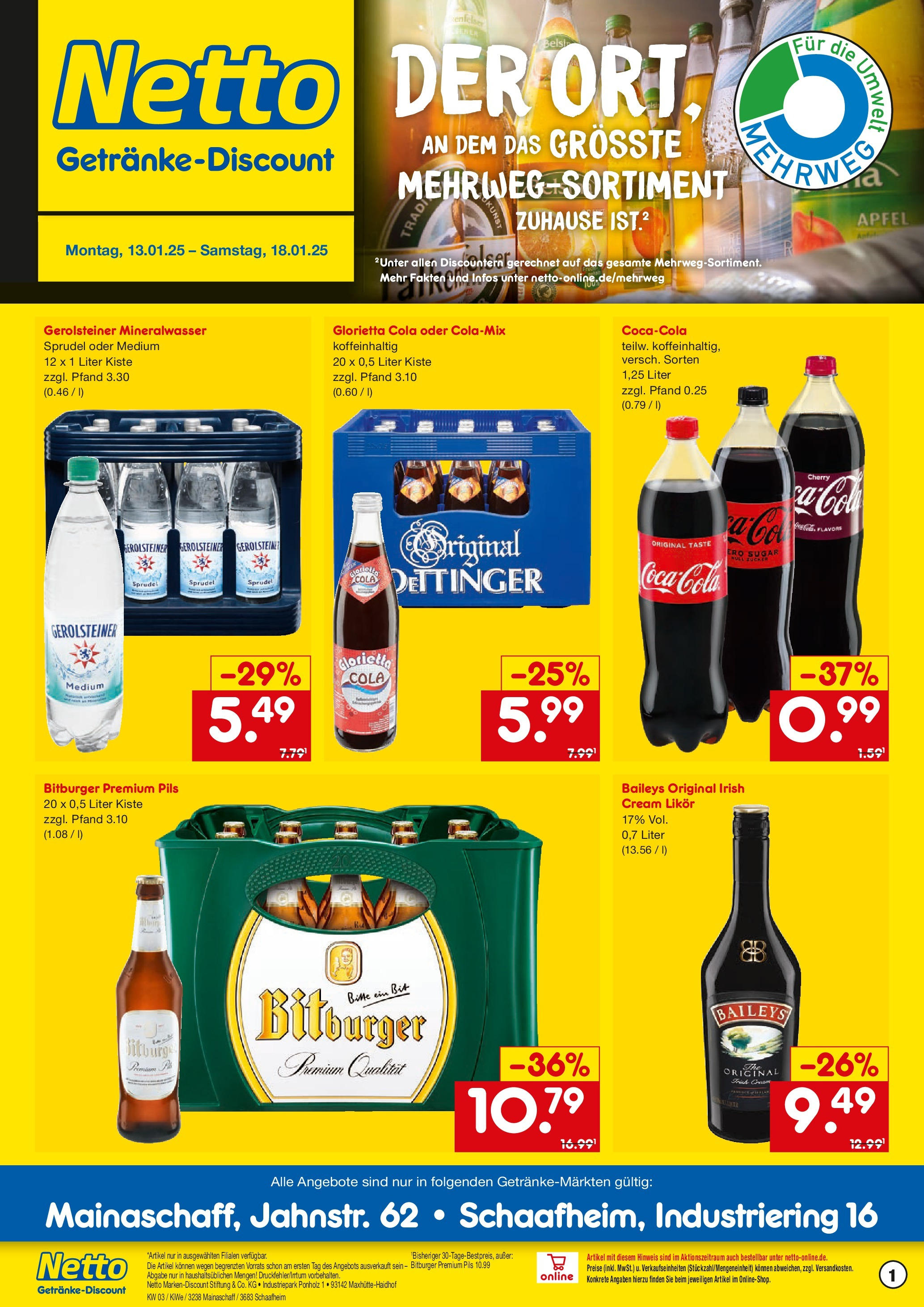 Netto Marken-Discount - Netto: Getränkeangebote (ab 12.01.2025) » Angebote | Seite: 1 | Produkte: Cola, Likör, Mineralwasser, Baileys